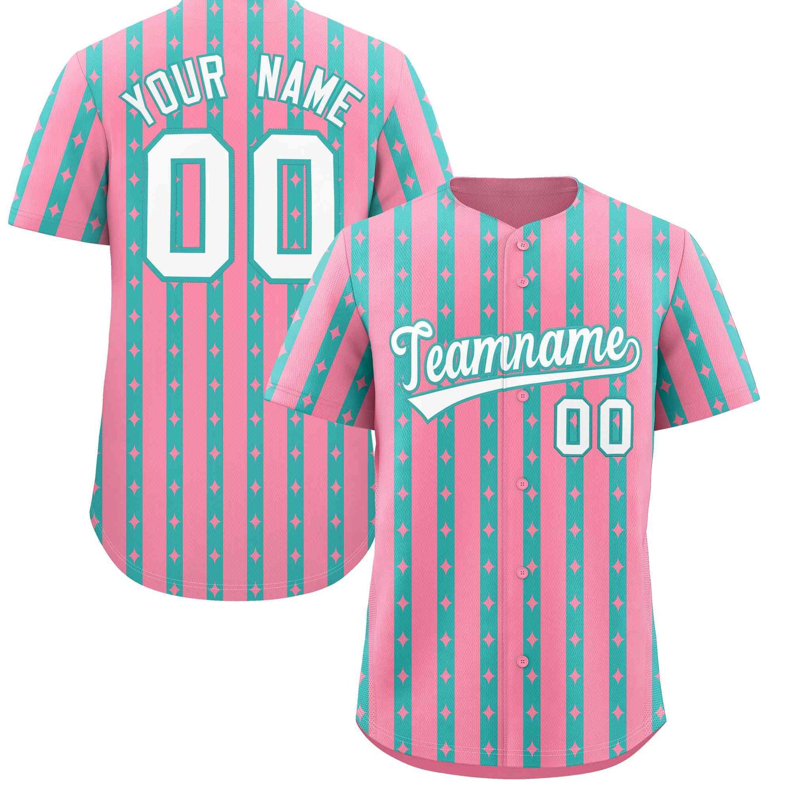 Custom Light Pink Teal Star Pattern Thick Stripes Baseball Jersey| KXKSHOP