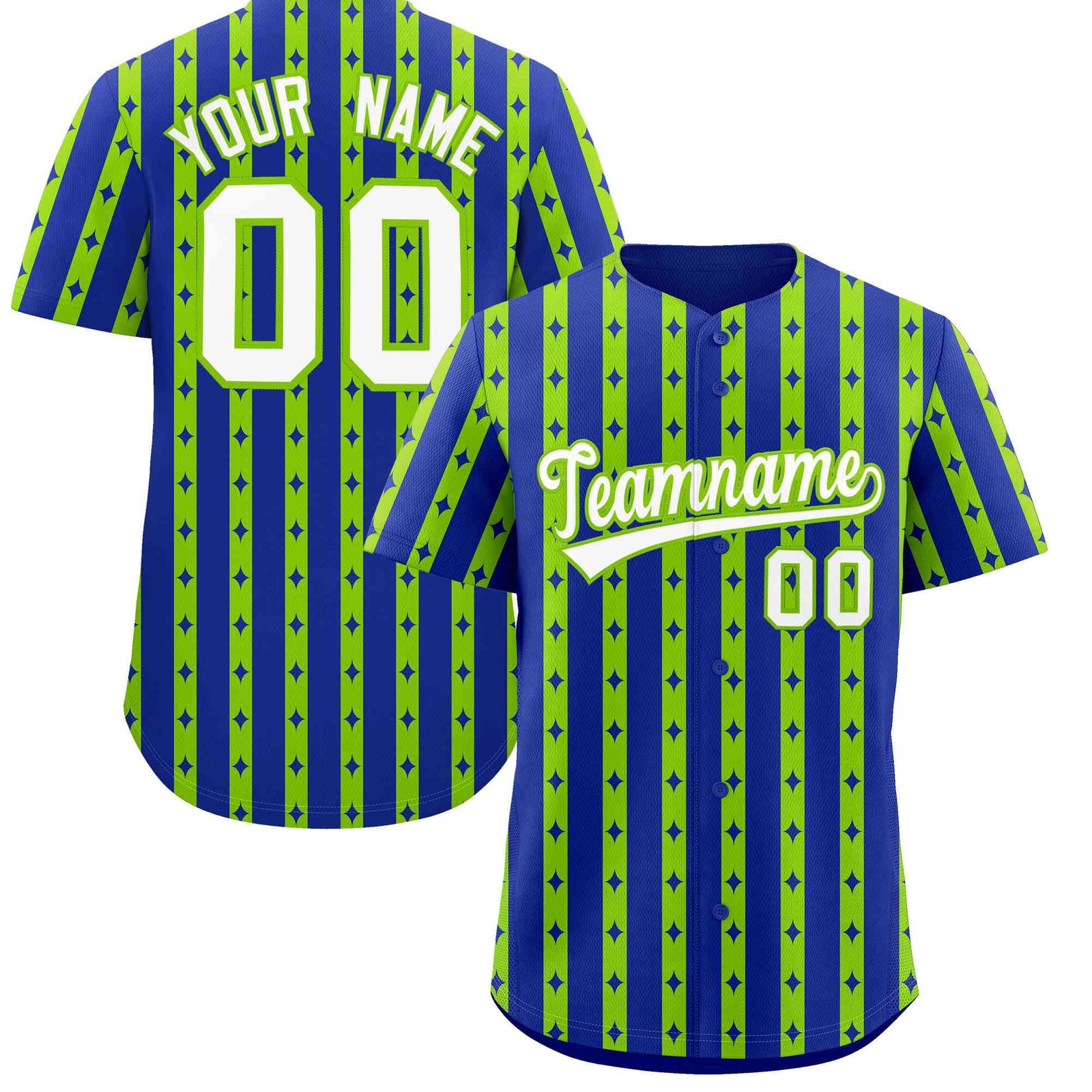 Custom Royal Blue Neon Green Star Pattern Thick Stripes Baseball Jersey| KXKSHOP