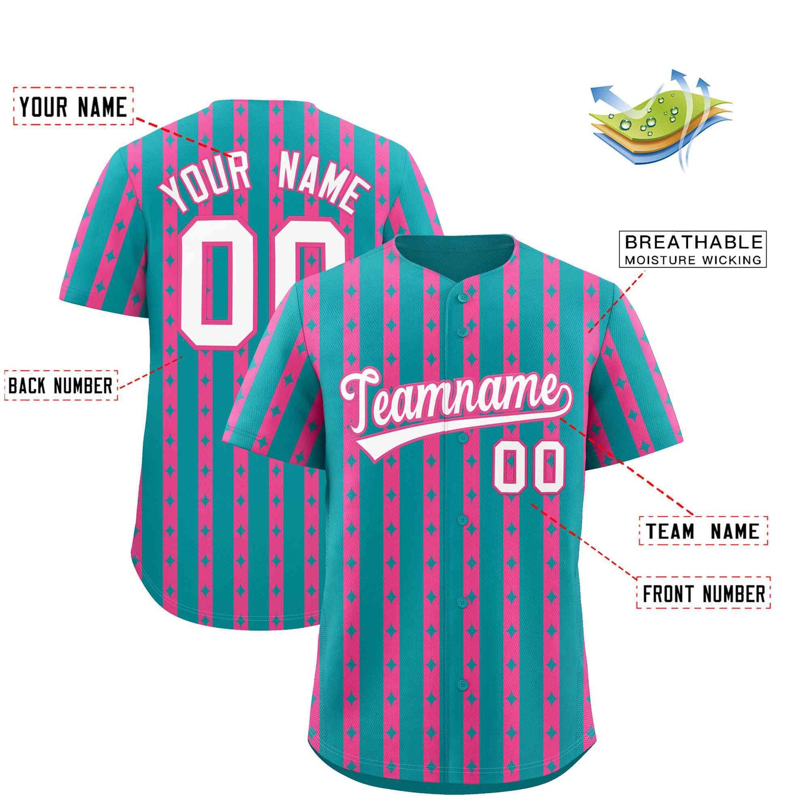 Custom Aqua Pink Star Pattern Thick Stripes Baseball Jersey| KXKSHOP