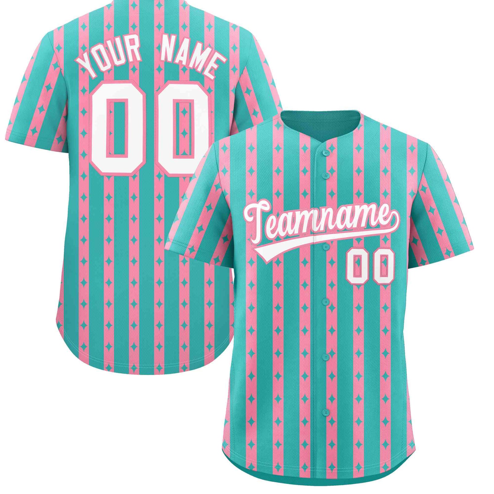 Custom Teal Light Pink Star Pattern Thick Stripes Baseball Jersey| KXKSHOP