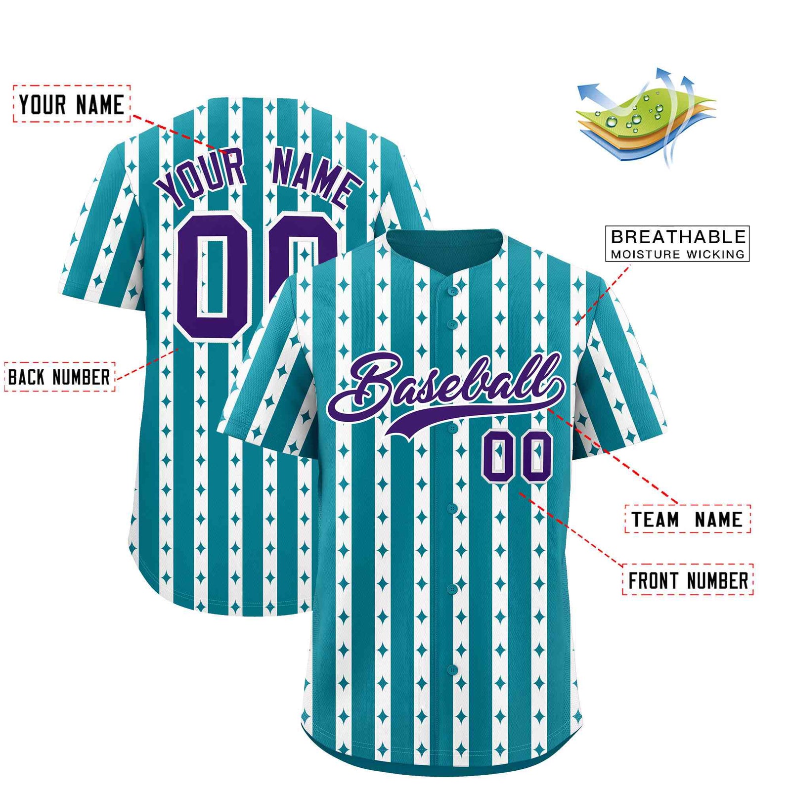 Custom Teal White Star Pattern Thick Stripes Baseball Jersey