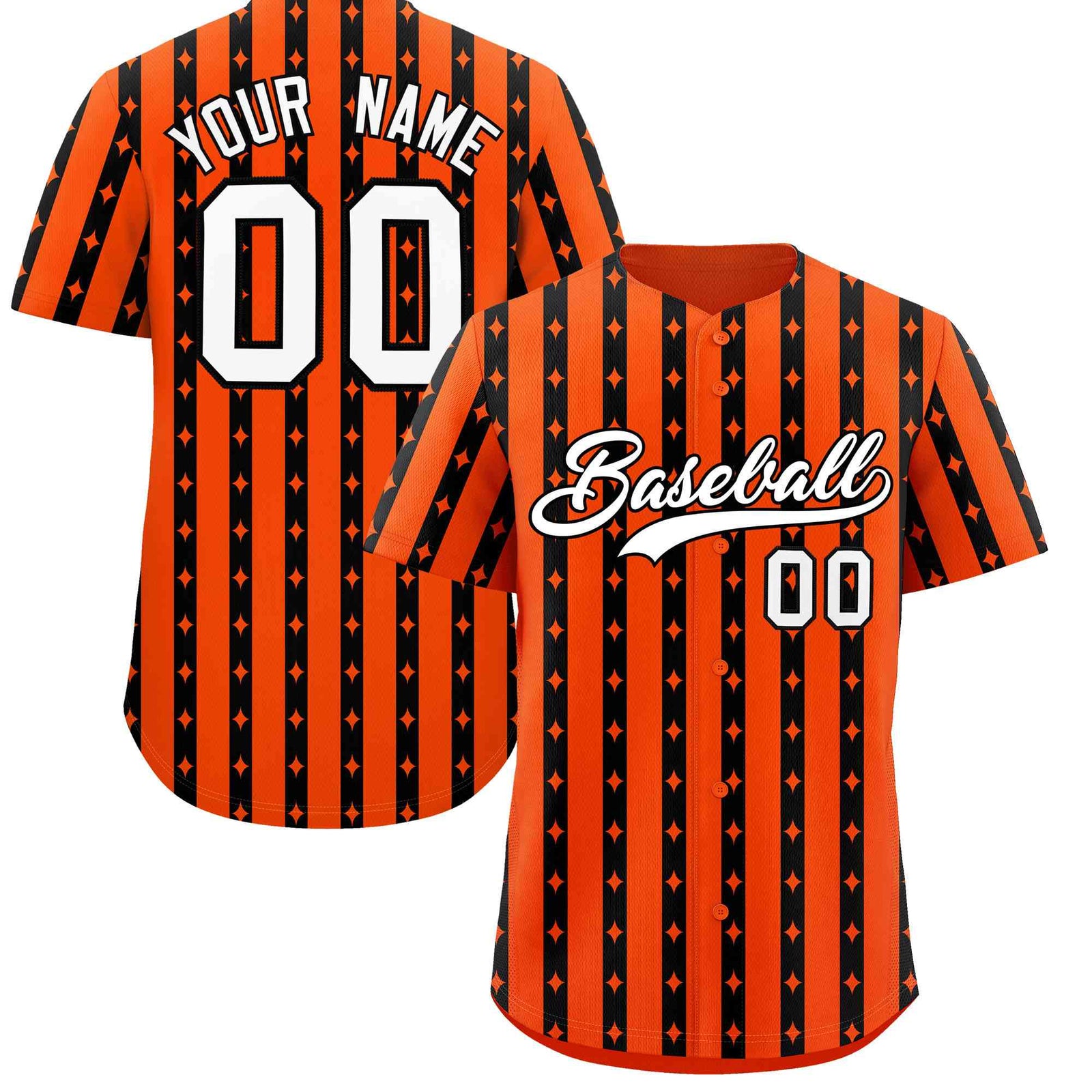 Custom Orange Black Star Pattern Thick Stripes Baseball Jersey