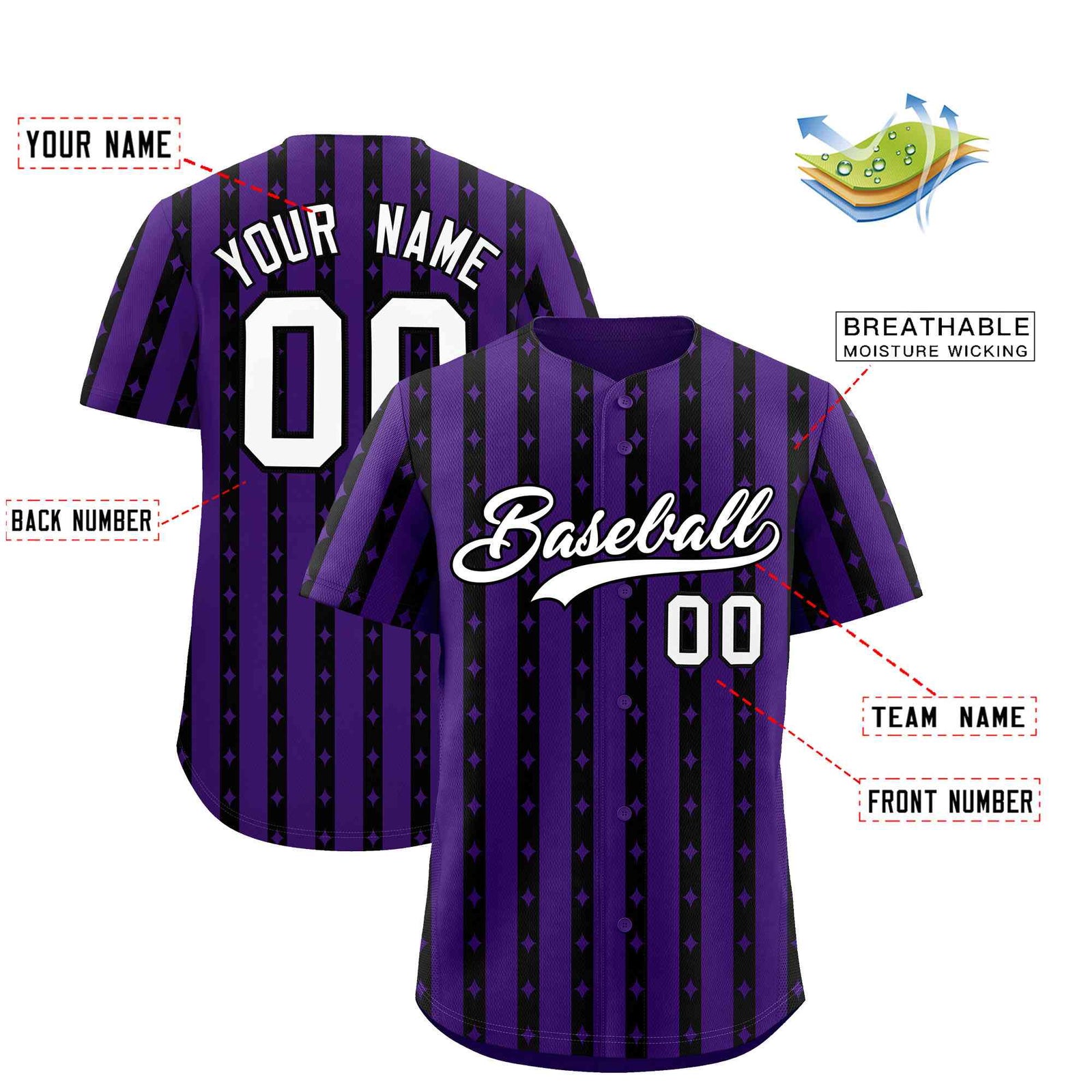 Custom Purple Black Star Pattern Thick Stripes Baseball Jersey