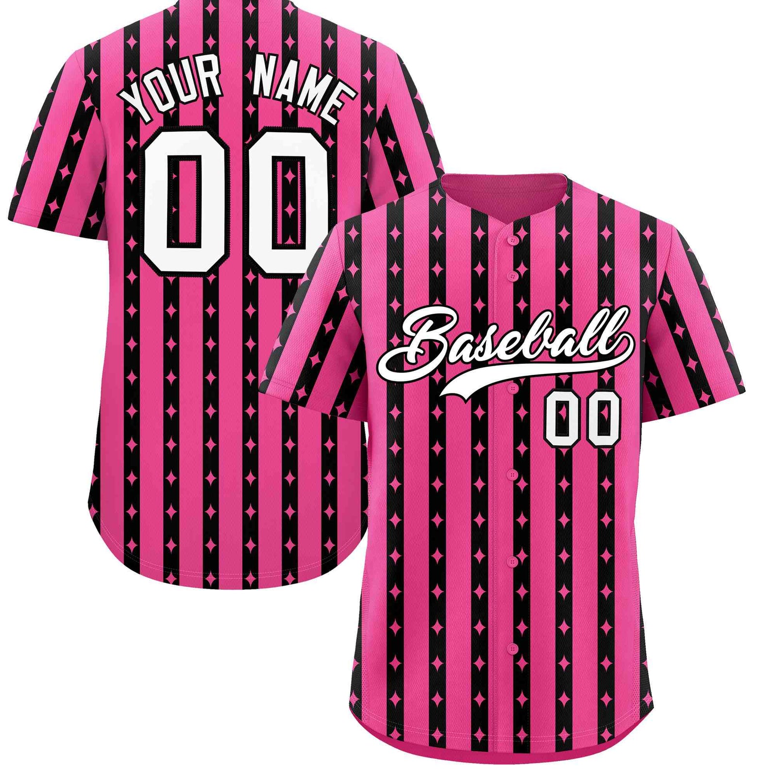 Custom Pink Black Star Pattern Thick Stripes Baseball Jersey
