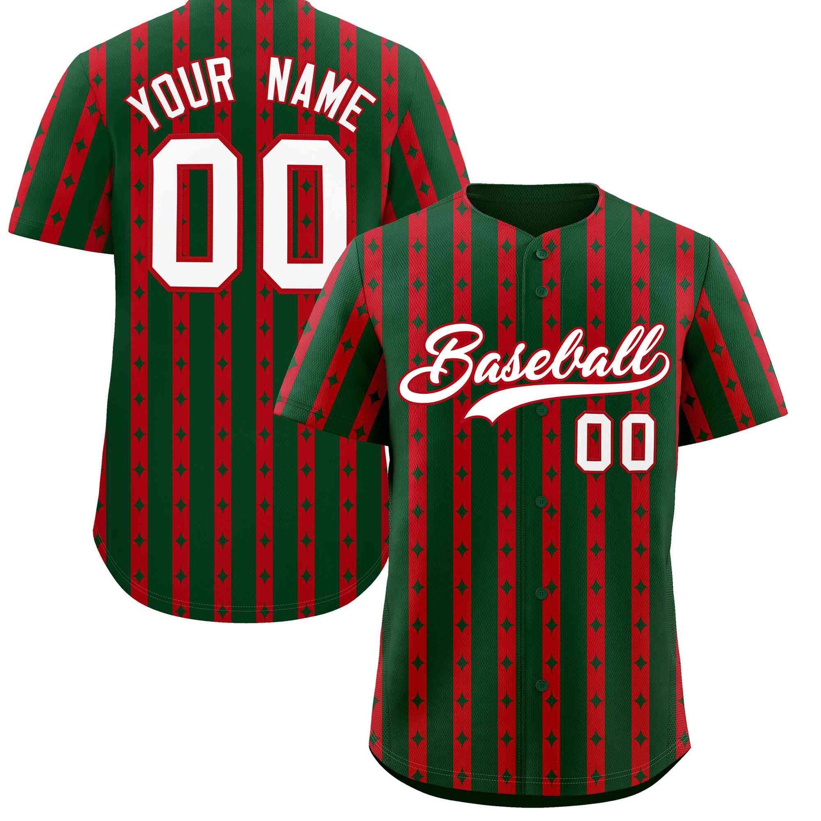 Custom Green Red Star Pattern Thick Stripes Baseball Jersey