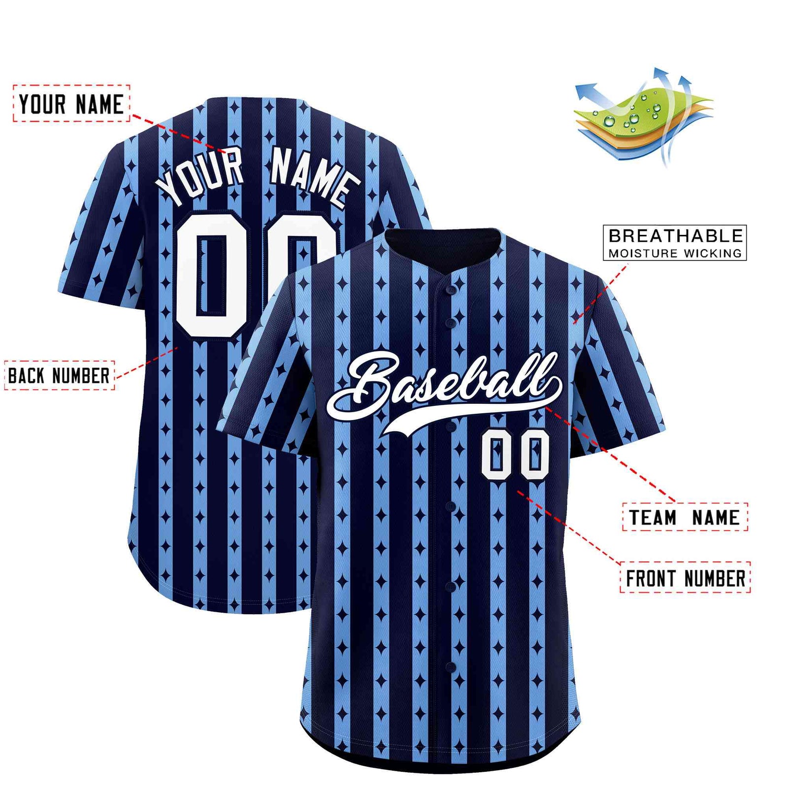 Custom Navy Light Blue Star Pattern Thick Stripes Baseball Jersey