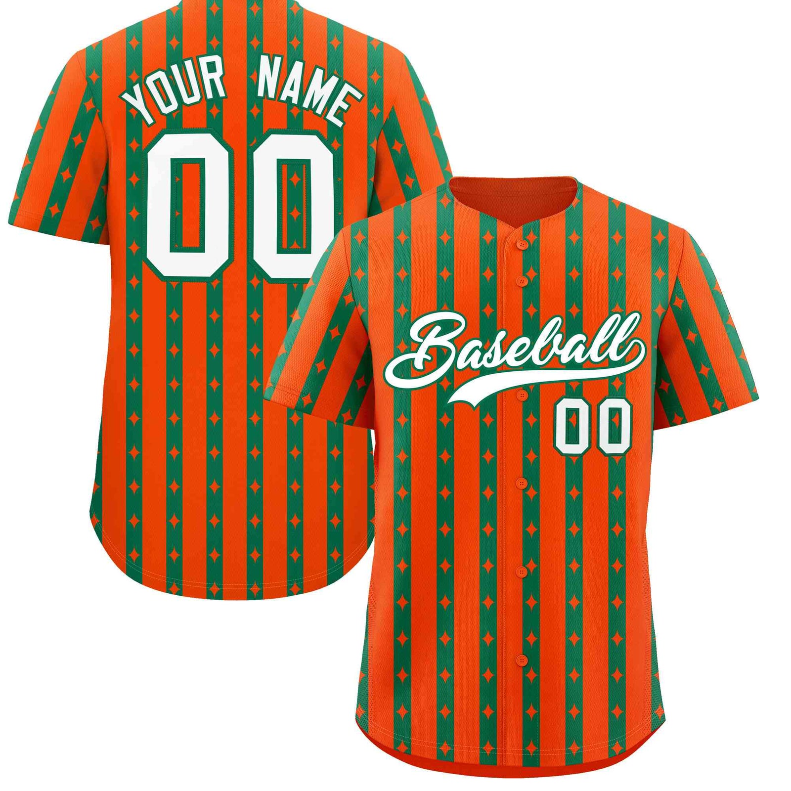 Custom Orange Kelly Green Star Pattern Thick Stripes Baseball Jersey