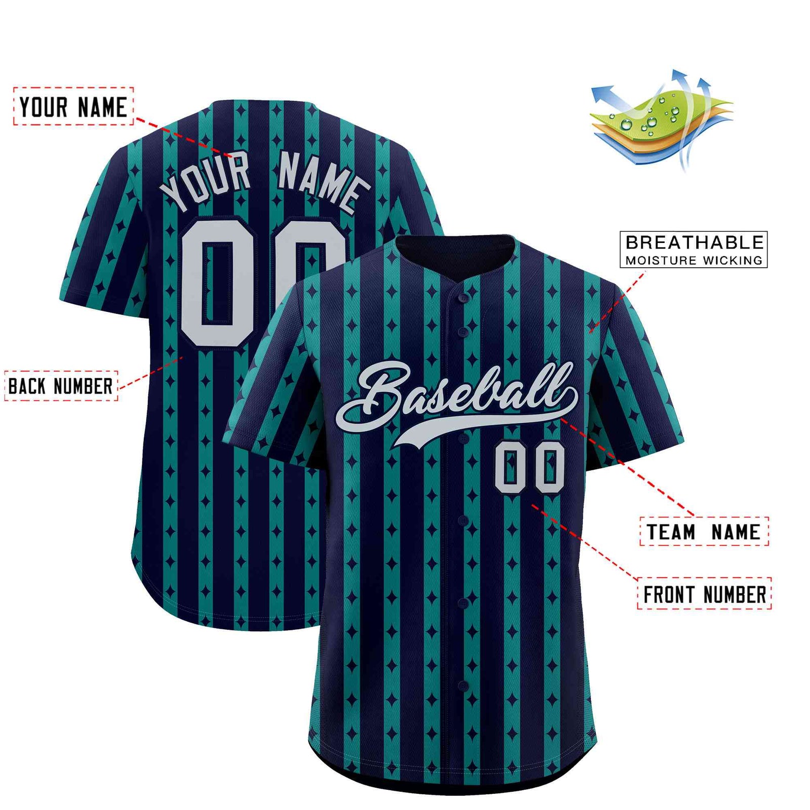 Custom Navy Teal Star Pattern Thick Stripes Baseball Jersey