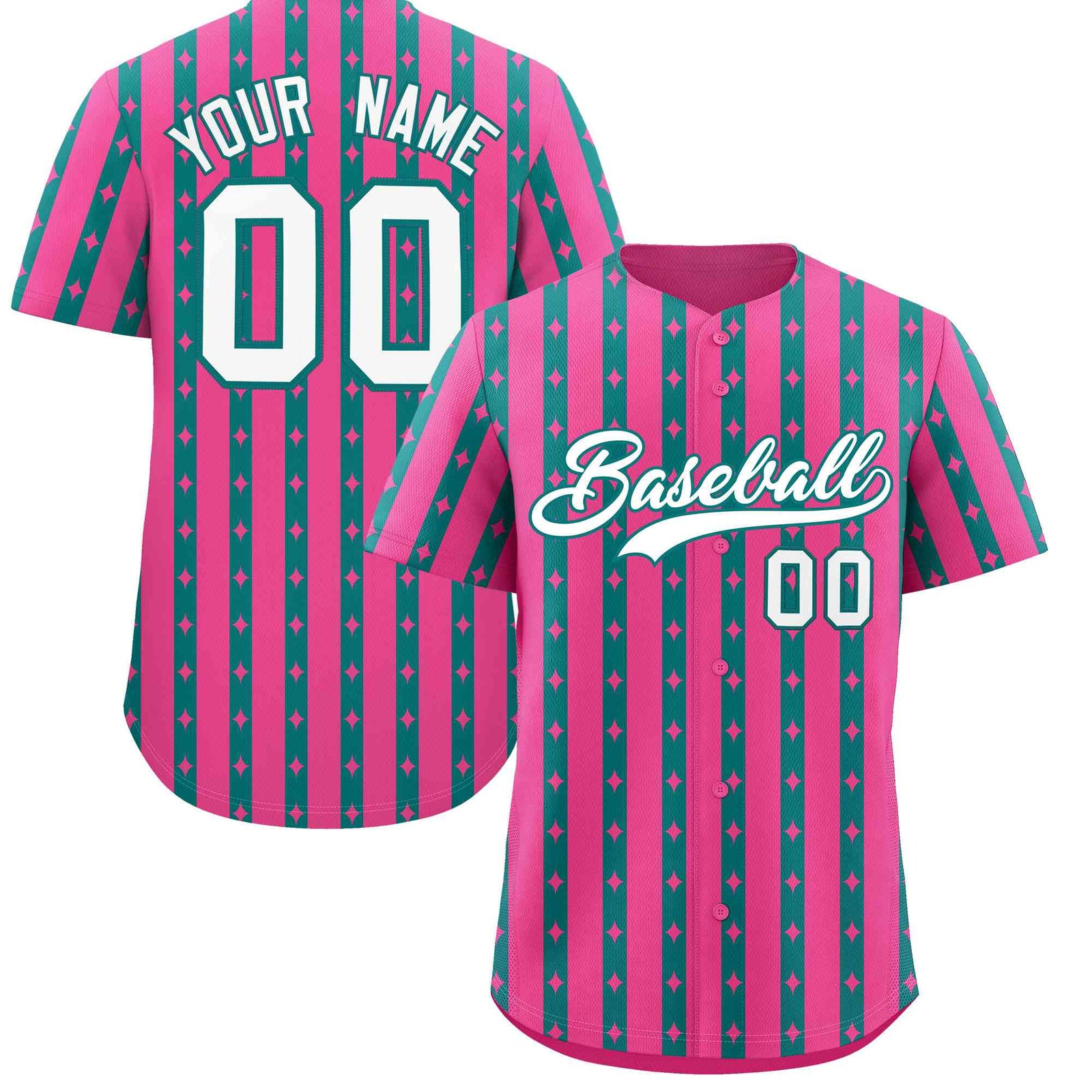 Custom Pink Teal Star Pattern Thick Stripes Baseball Jersey