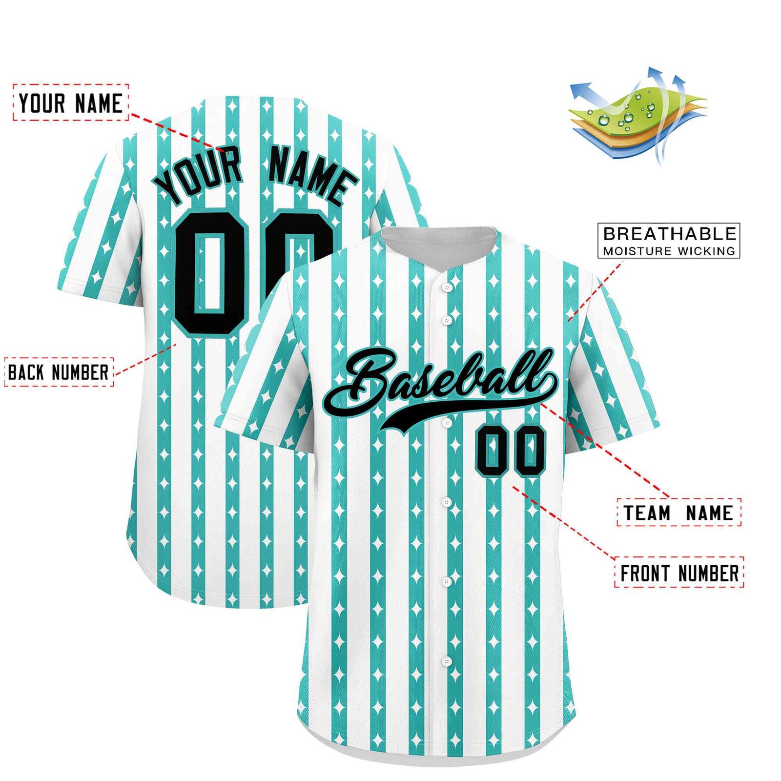 Custom White Teal Star Pattern Thick Stripes Baseball Jersey