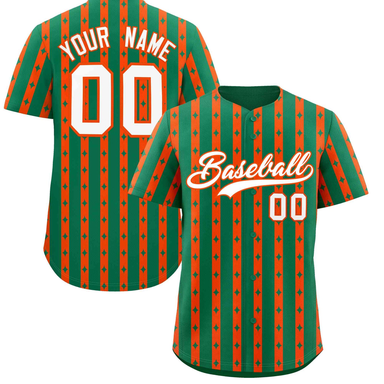 Custom Kelly Green Orange Star Pattern Thick Stripes Baseball Jersey