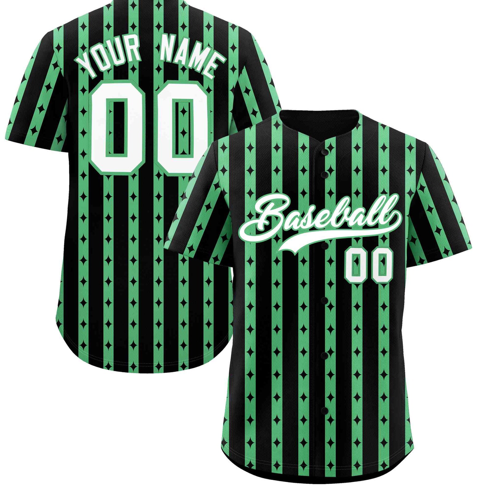 Custom Black Neon Green Star Pattern Thick Stripes Baseball Jersey