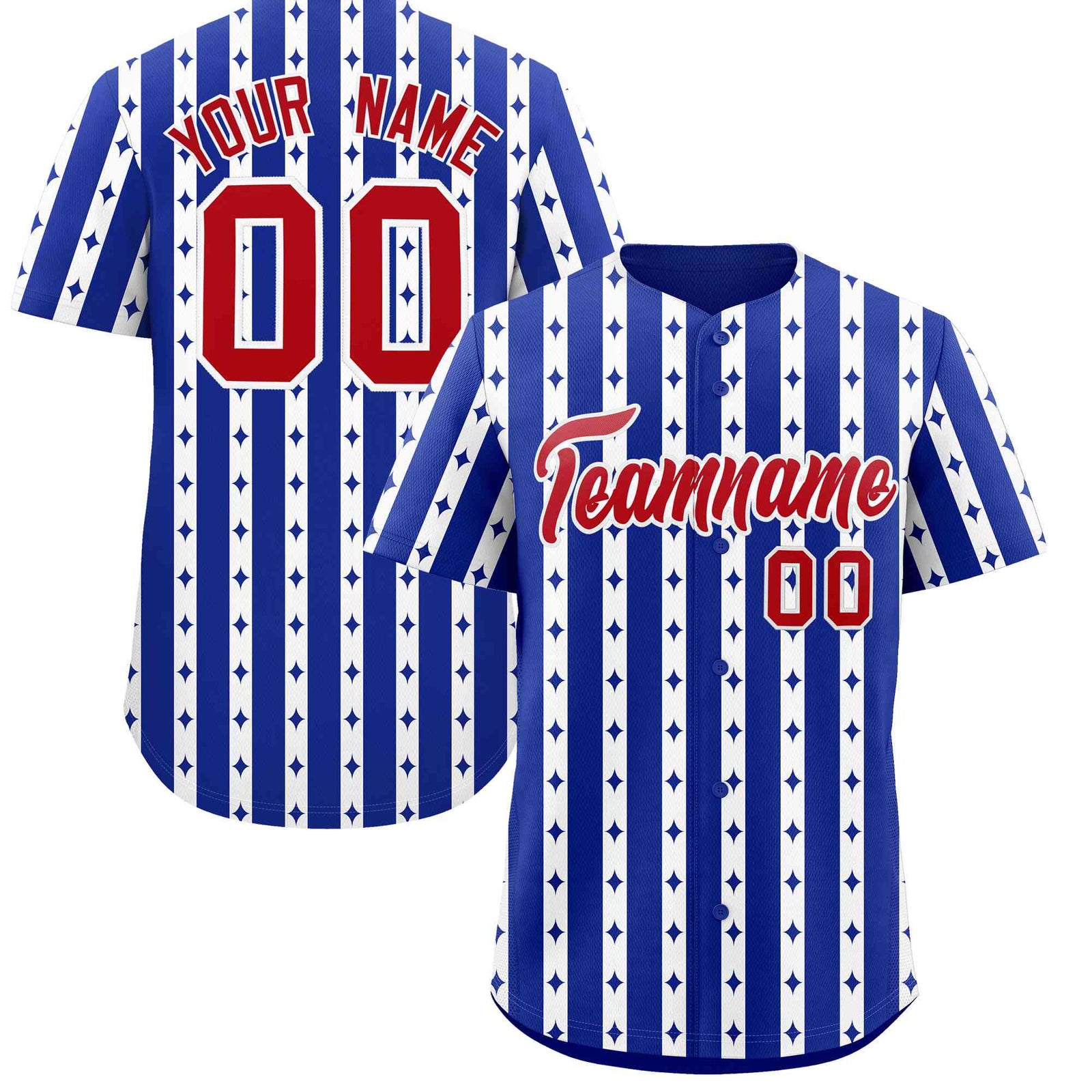 Custom Royal Blue White Star Pattern Thick Stripes Baseball Jersey