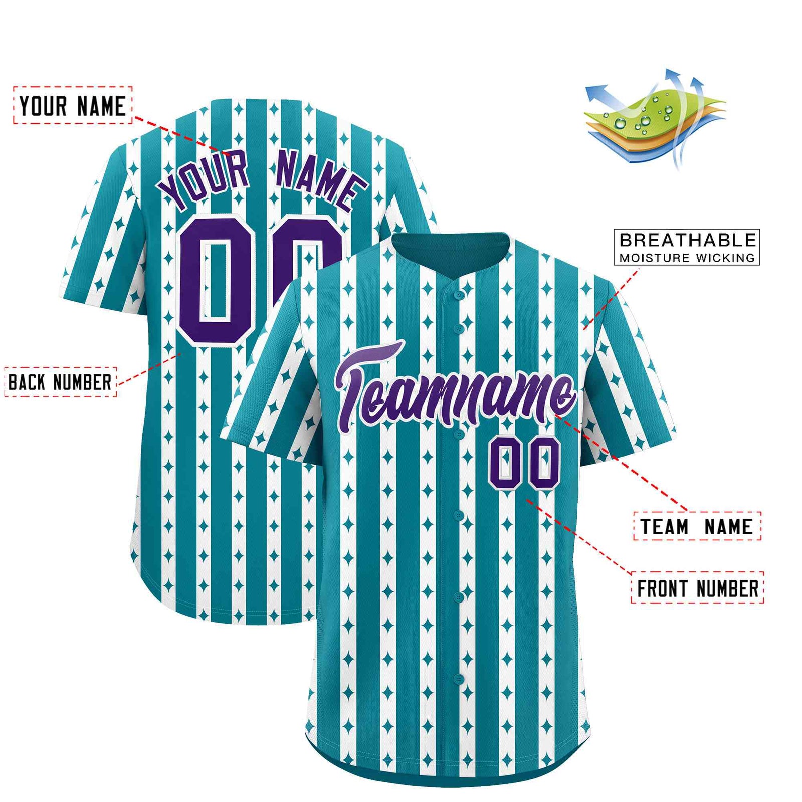 Custom Teal White Star Pattern Thick Stripes Baseball Jersey