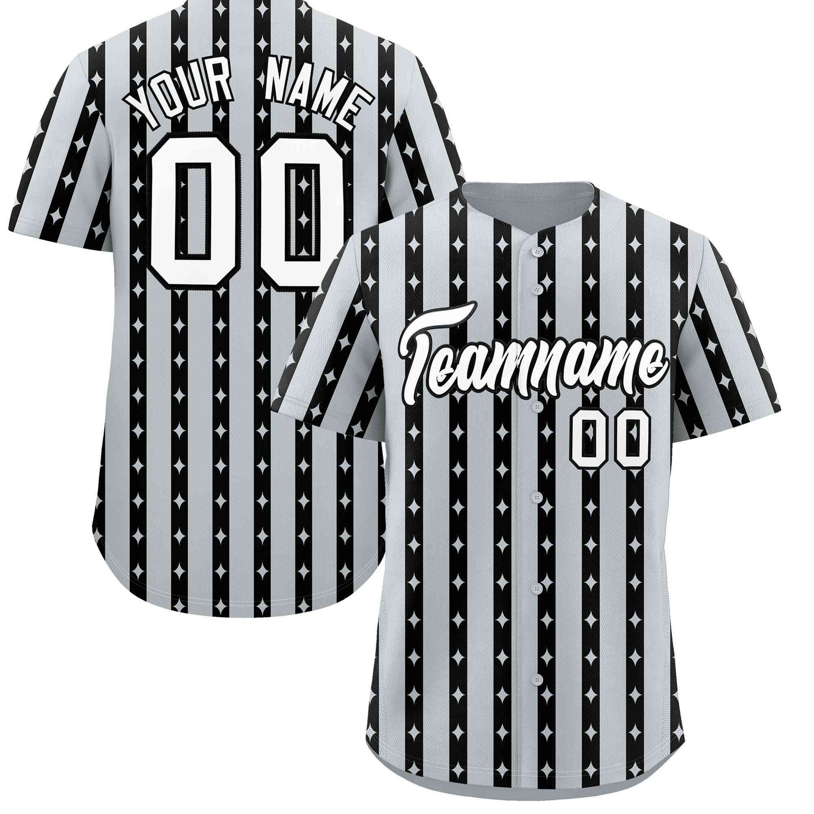Custom Silver Black Star Pattern Thick Stripes Baseball Jersey
