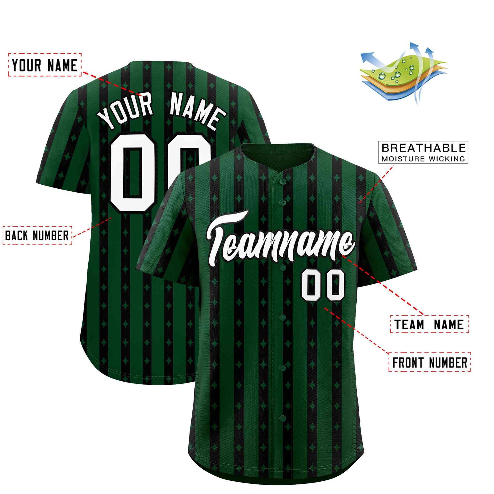 Custom Green Black Star Pattern Thick Stripes Baseball Jersey