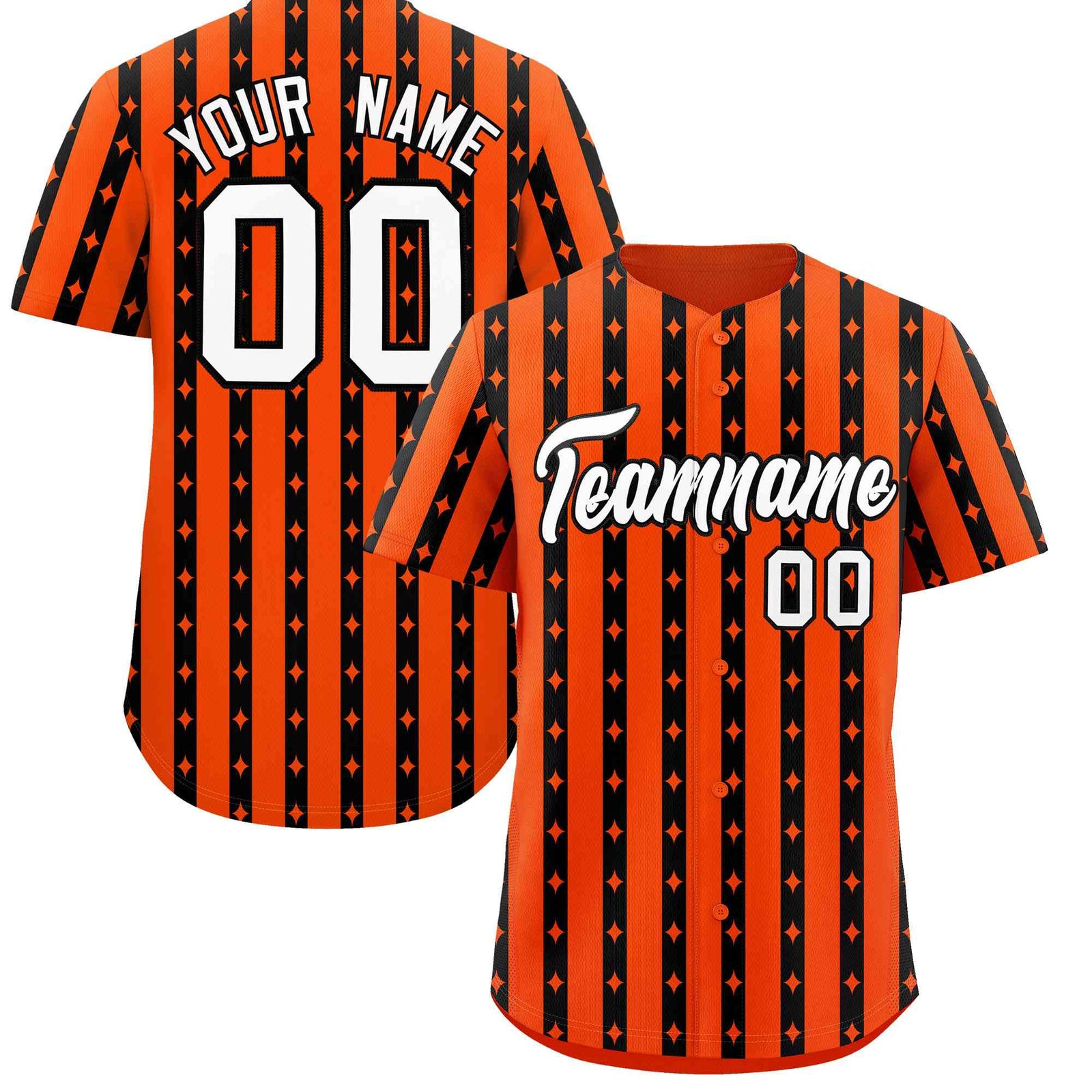 Custom Orange Black Star Pattern Thick Stripes Baseball Jersey