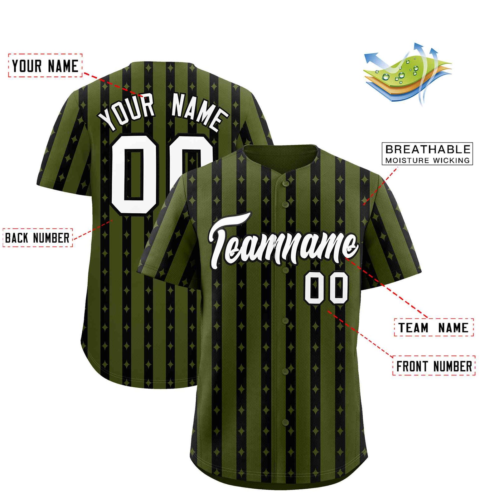 Custom Olive Black Star Pattern Thick Stripes Baseball Jersey