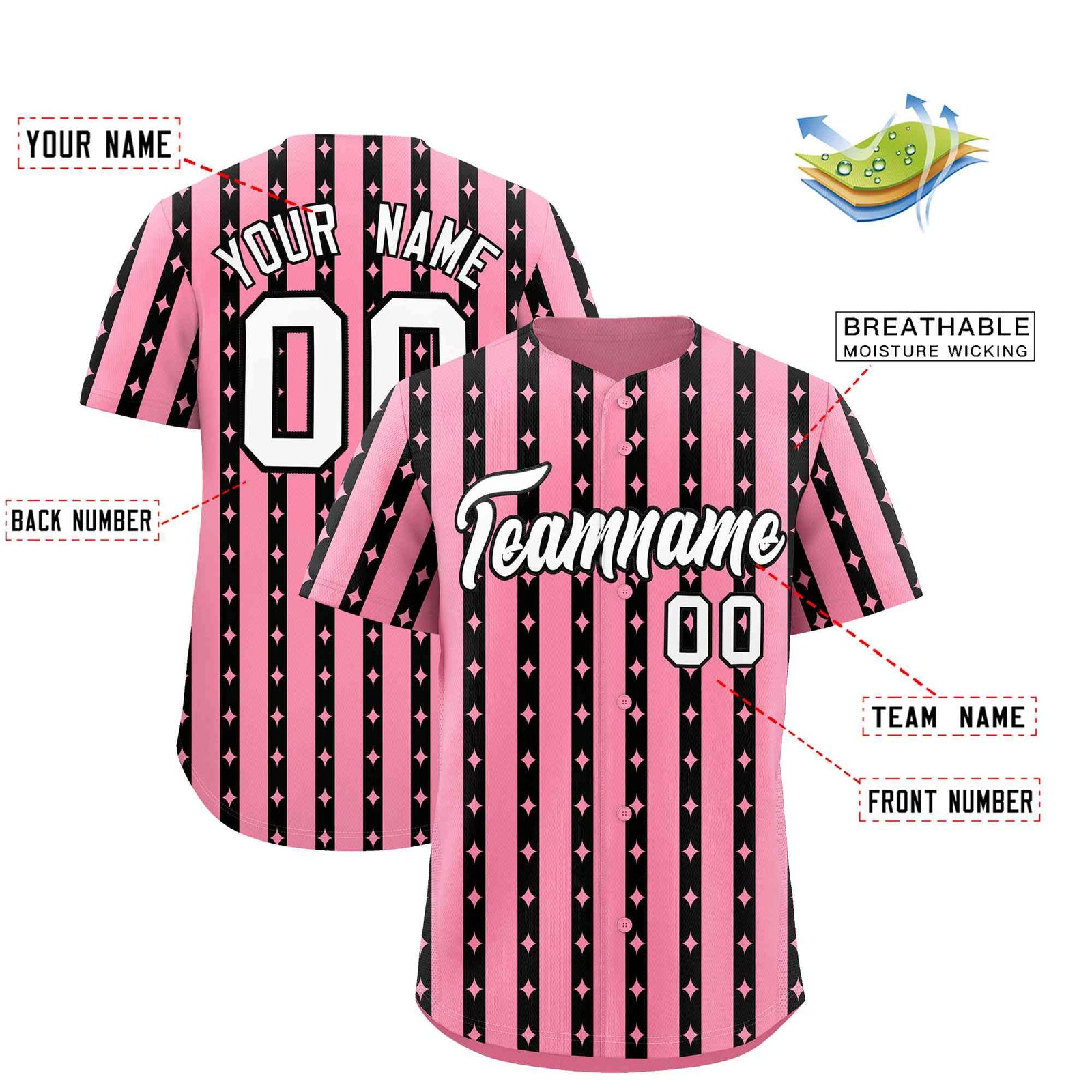 Custom Light Pink Black Star Pattern Thick Stripes Baseball Jersey