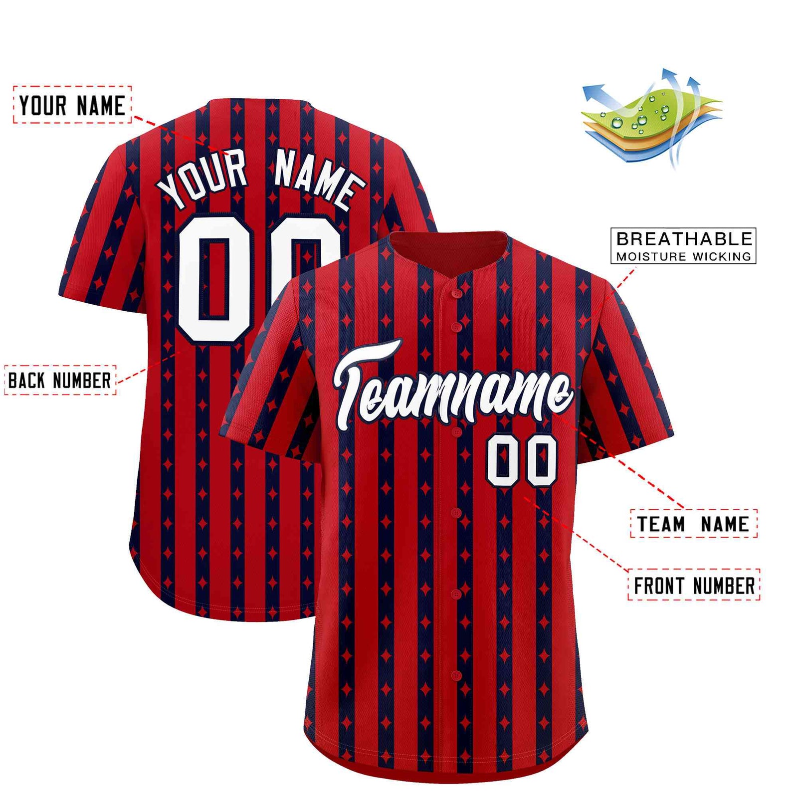 Custom Red Navy Star Pattern Thick Stripes Baseball Jersey