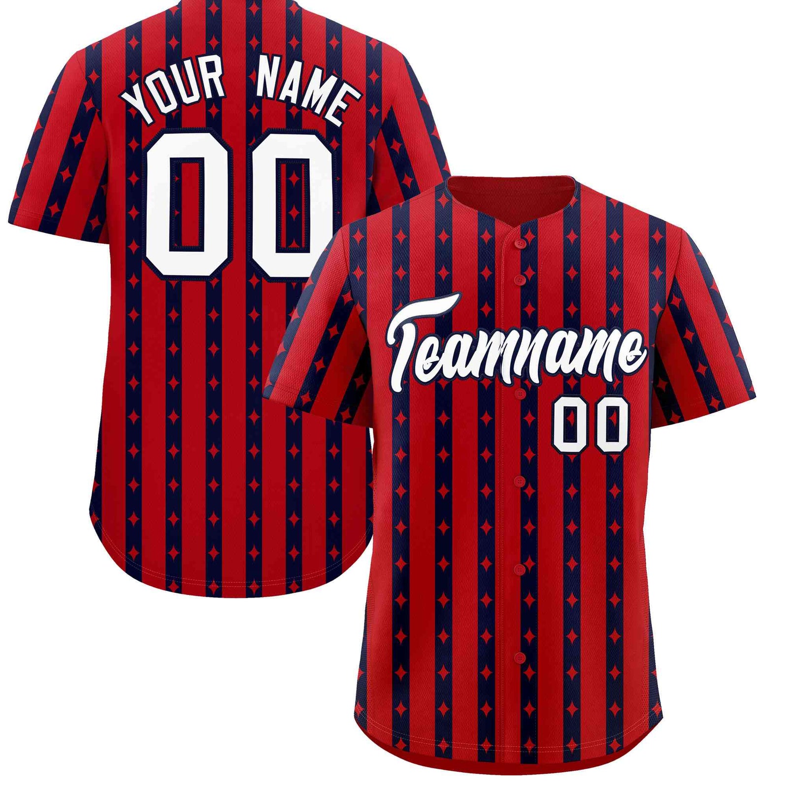 Custom Red Navy Star Pattern Thick Stripes Baseball Jersey