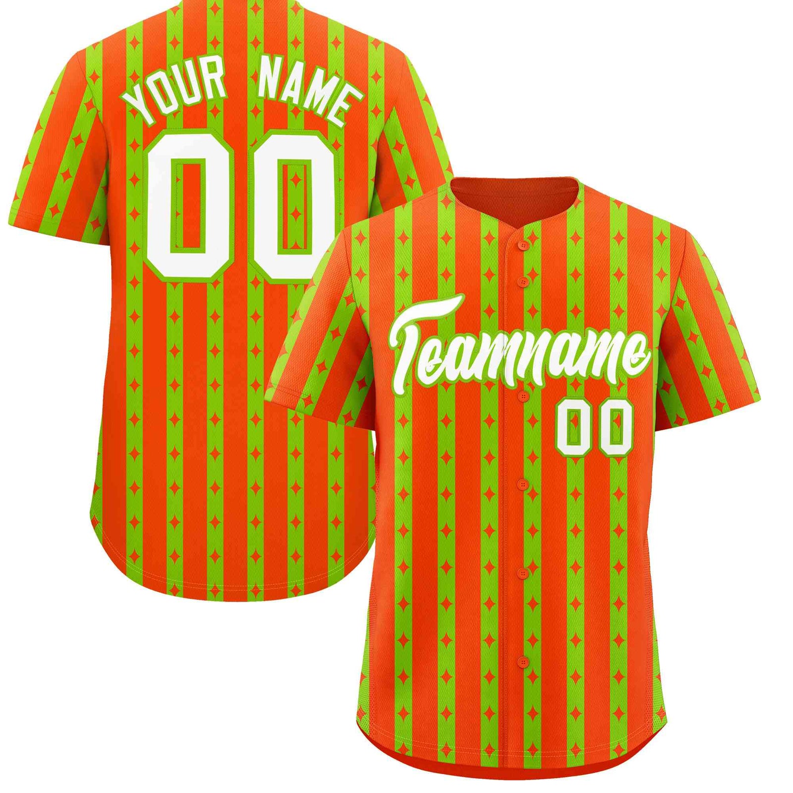 Custom Orange Neon Green Star Pattern Thick Stripes Baseball Jersey