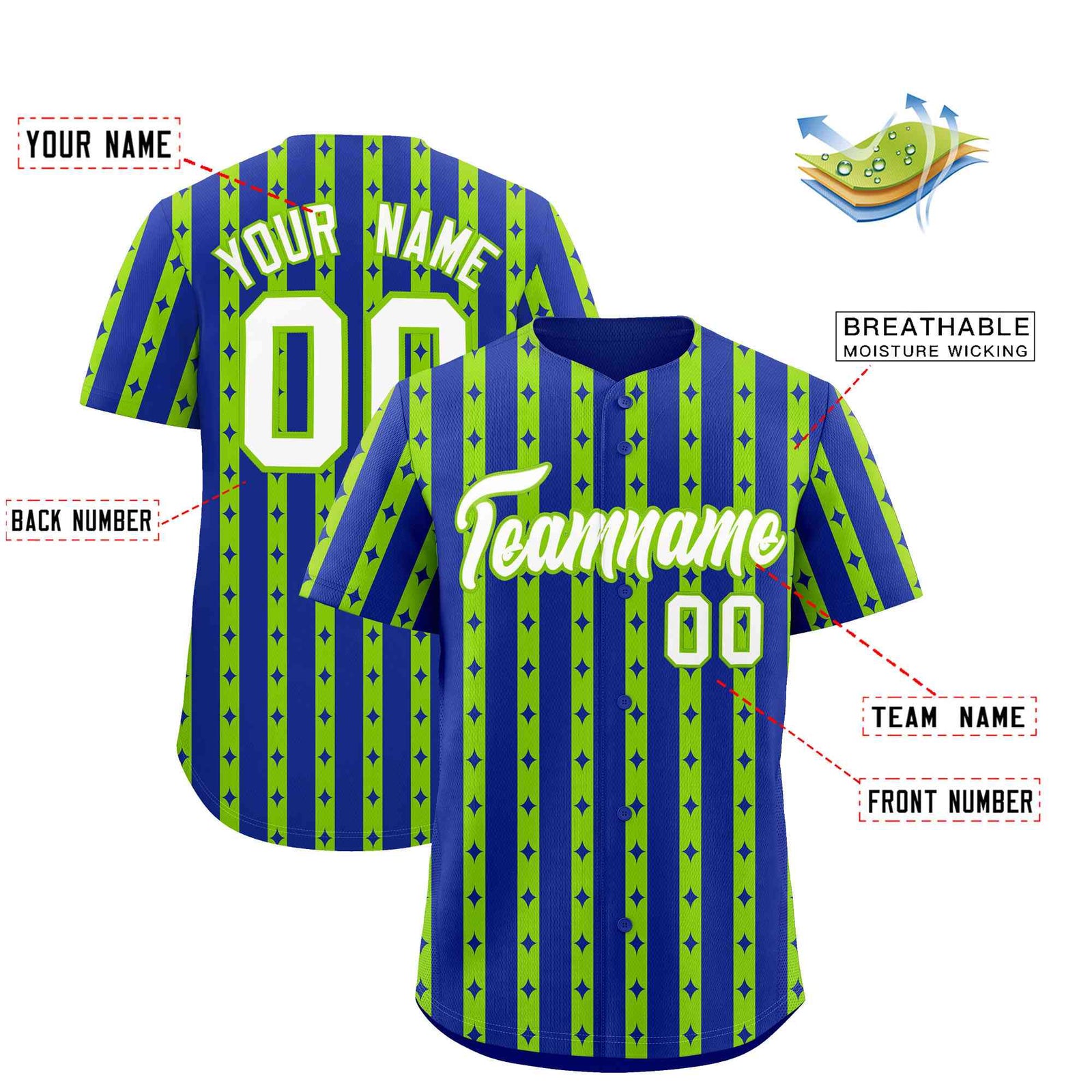 Custom Royal Blue Neon Green Star Pattern Thick Stripes Baseball Jersey