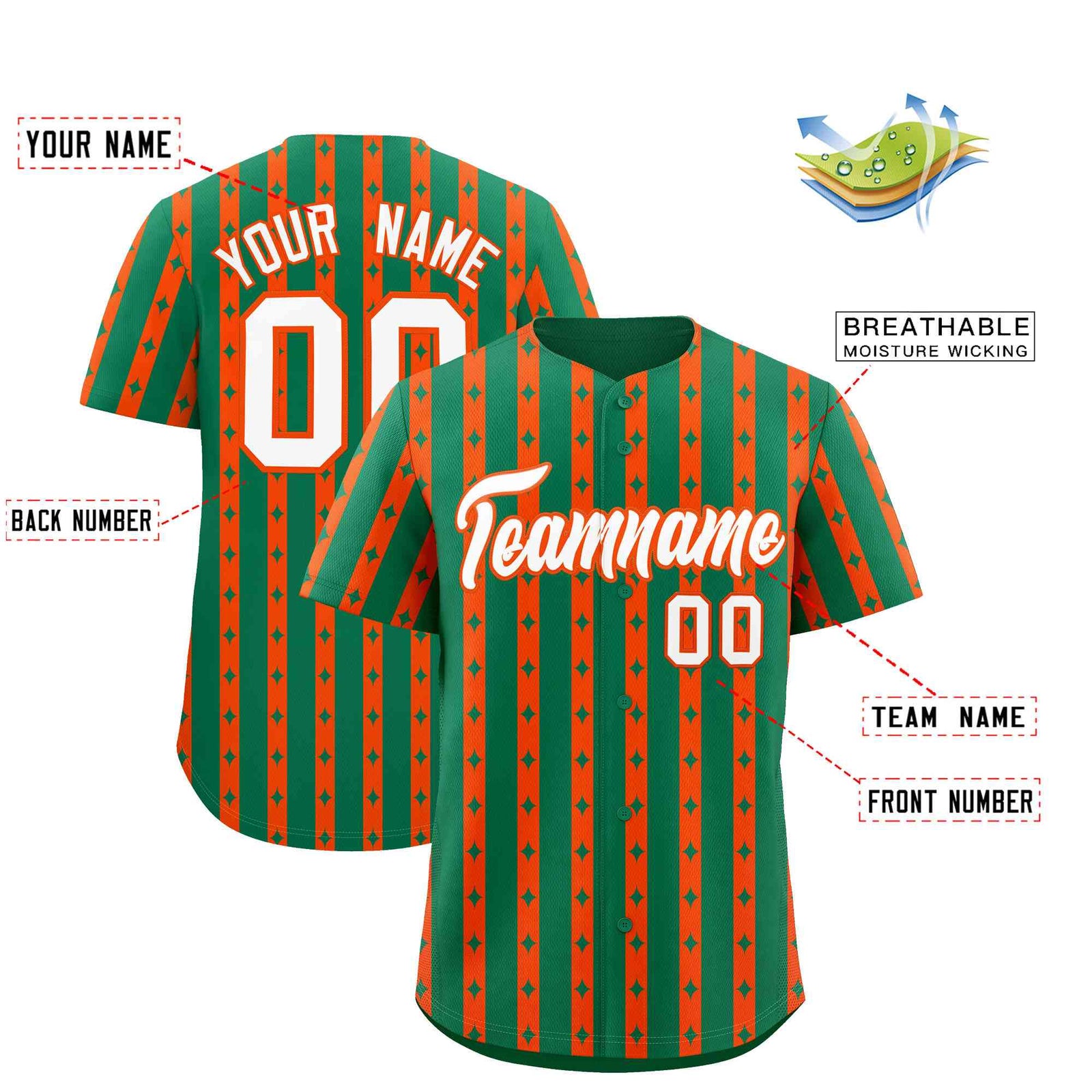 Custom Kelly Green Orange Star Pattern Thick Stripes Baseball Jersey