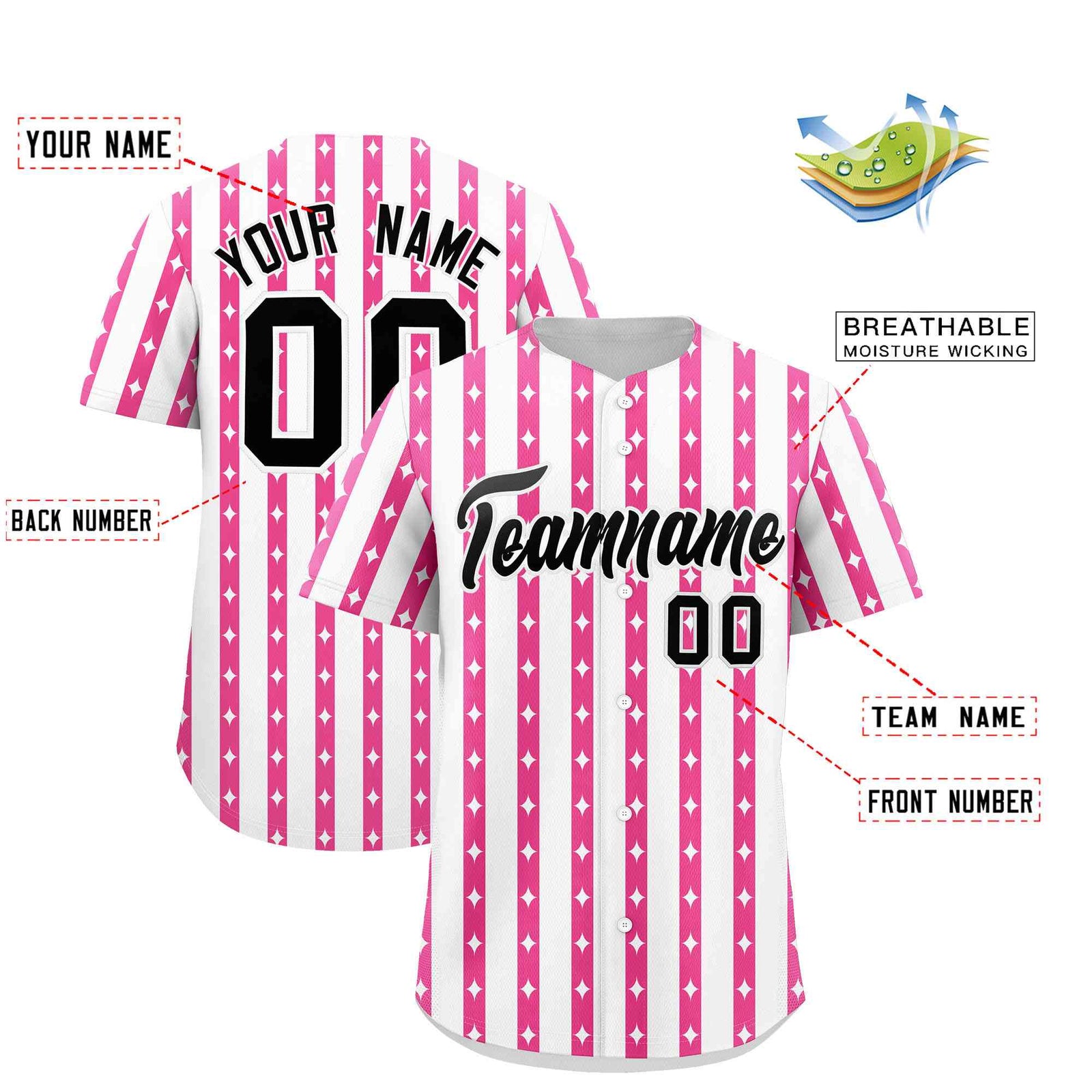 Custom White Pink Star Pattern Thick Stripes Baseball Jersey