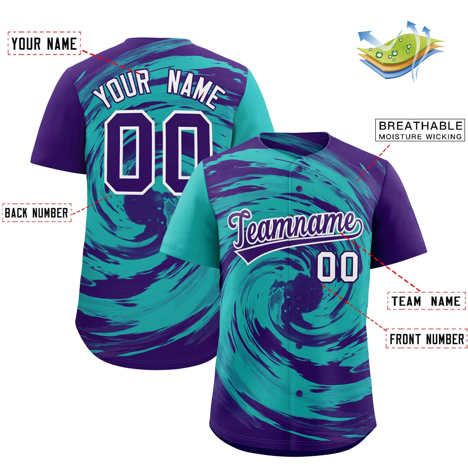 Custom Aqua Purple Swirl Graffiti Pattern Authentic Baseball Jersey