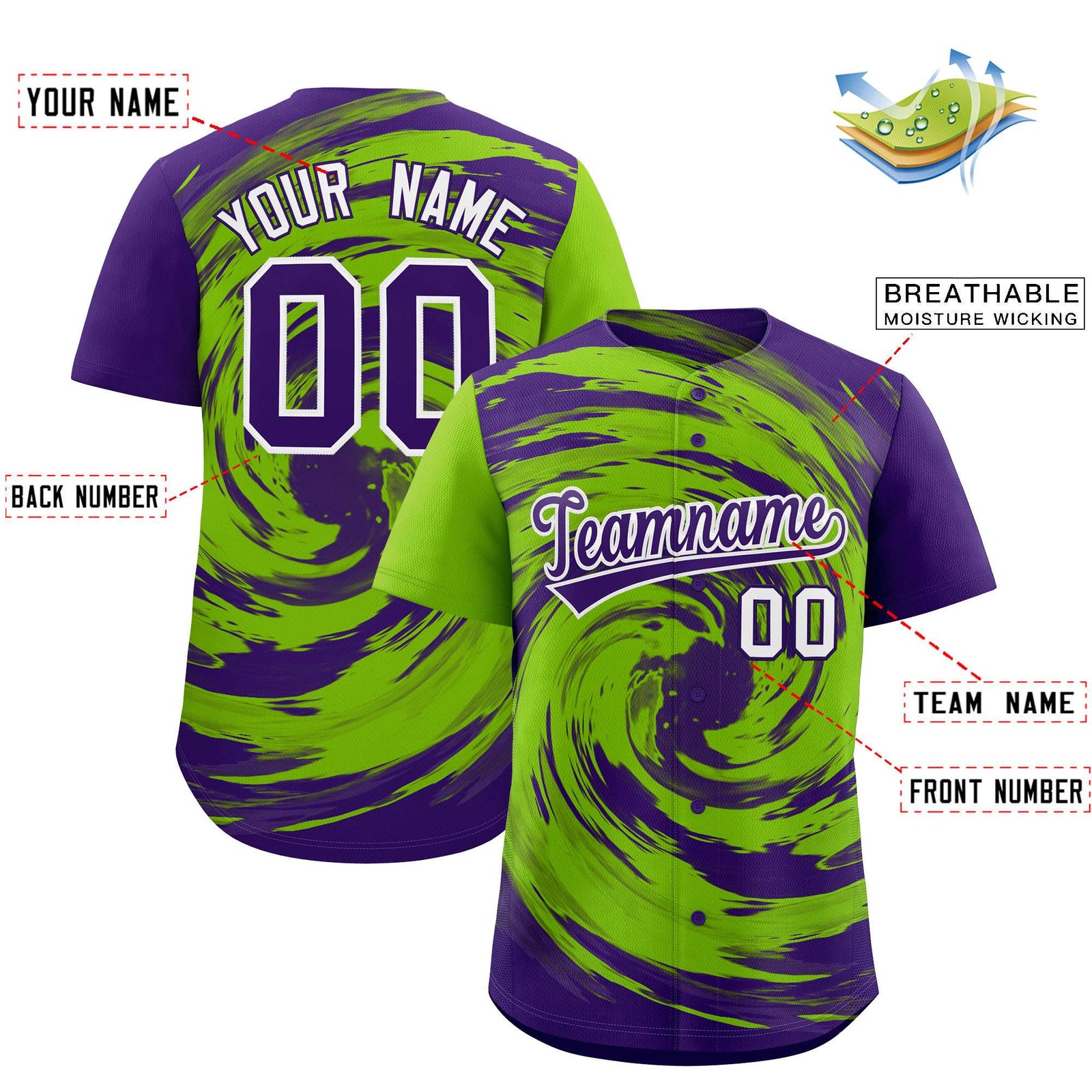 Custom Neon Green Purple Swirl Graffiti Pattern Authentic Baseball Jersey