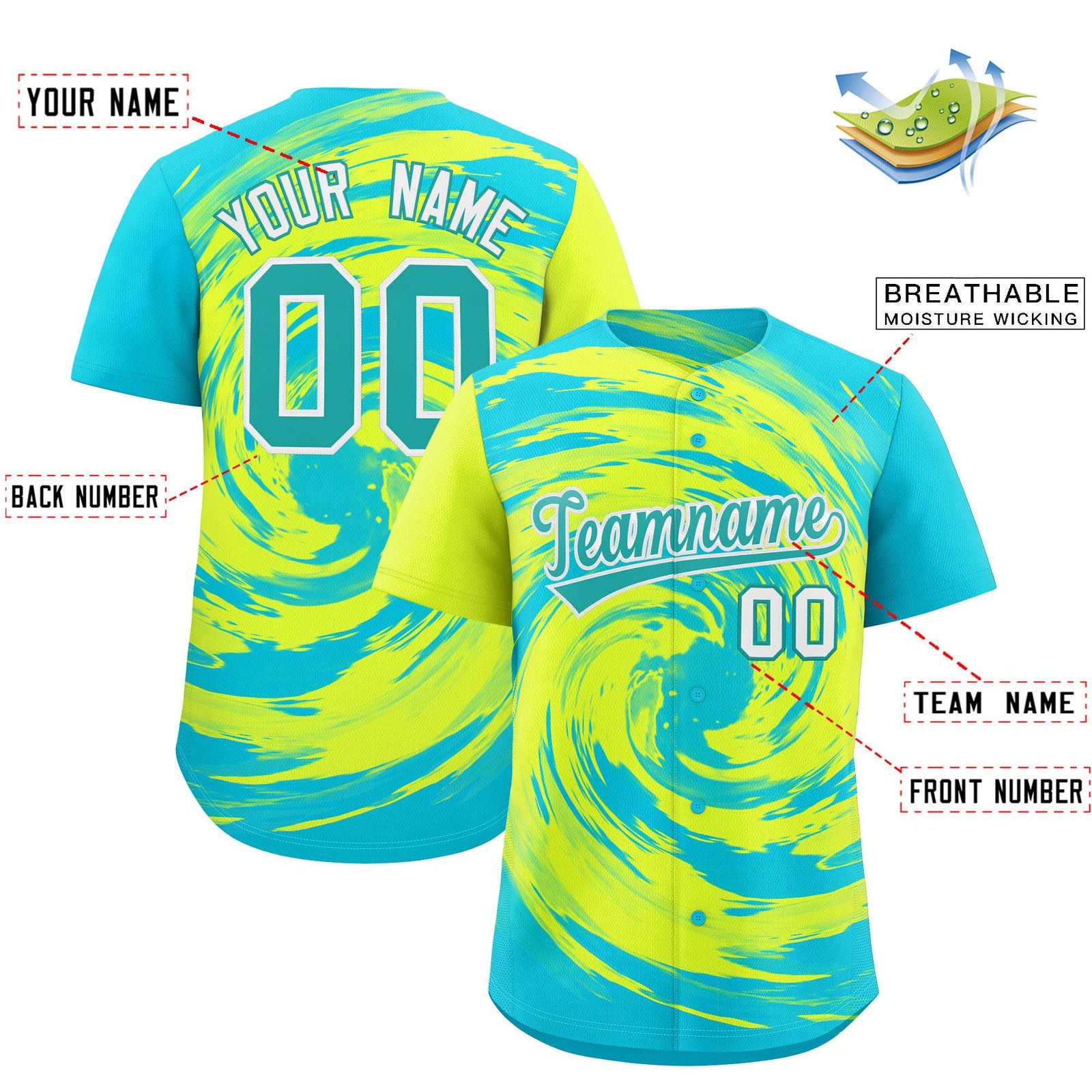 Custom Green Sky Blue Swirl Graffiti Pattern Authentic Baseball Jersey