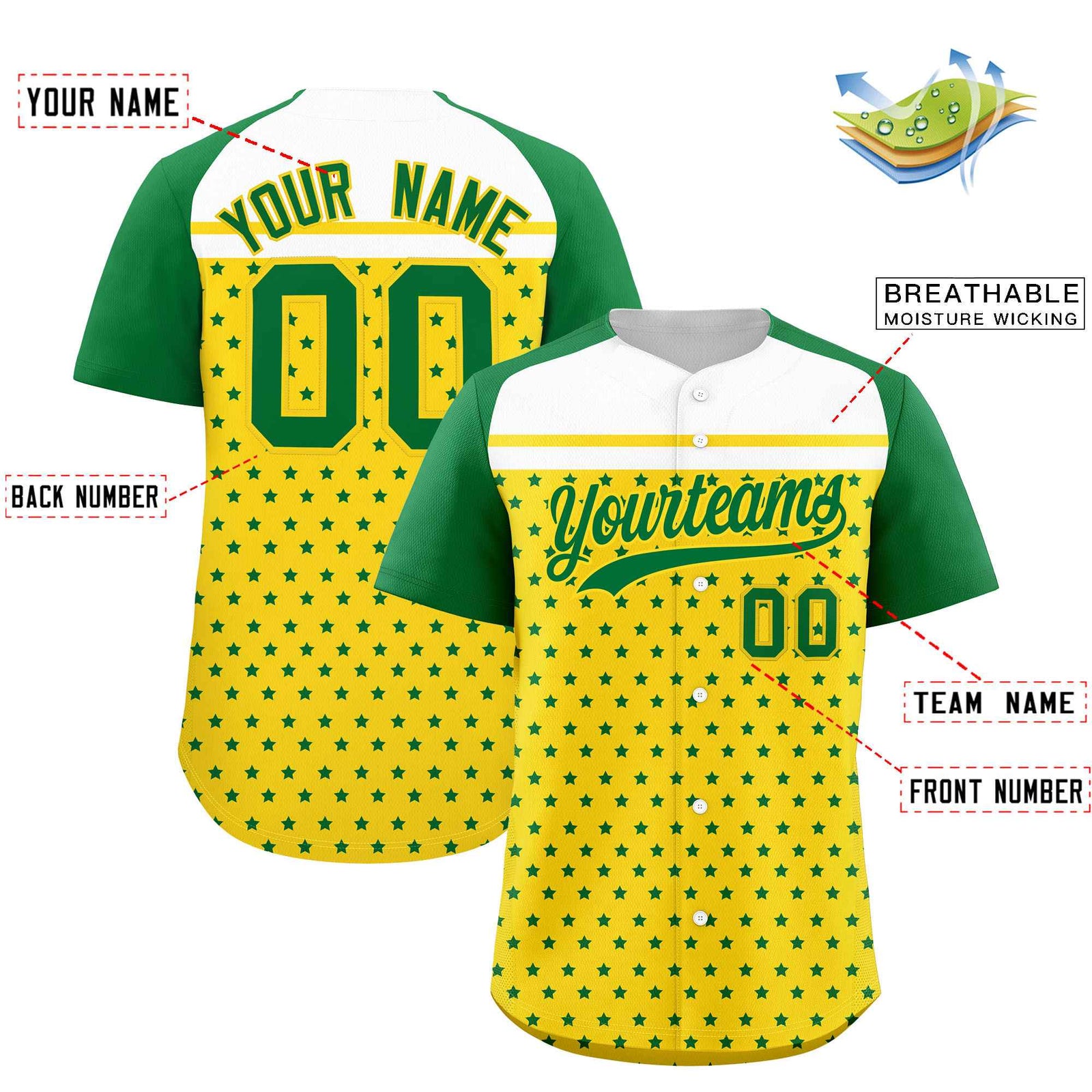 Custom Gold Kelly Green-White Raglan Sleeve Personalized Star Print Authentic Baseball Jersey
