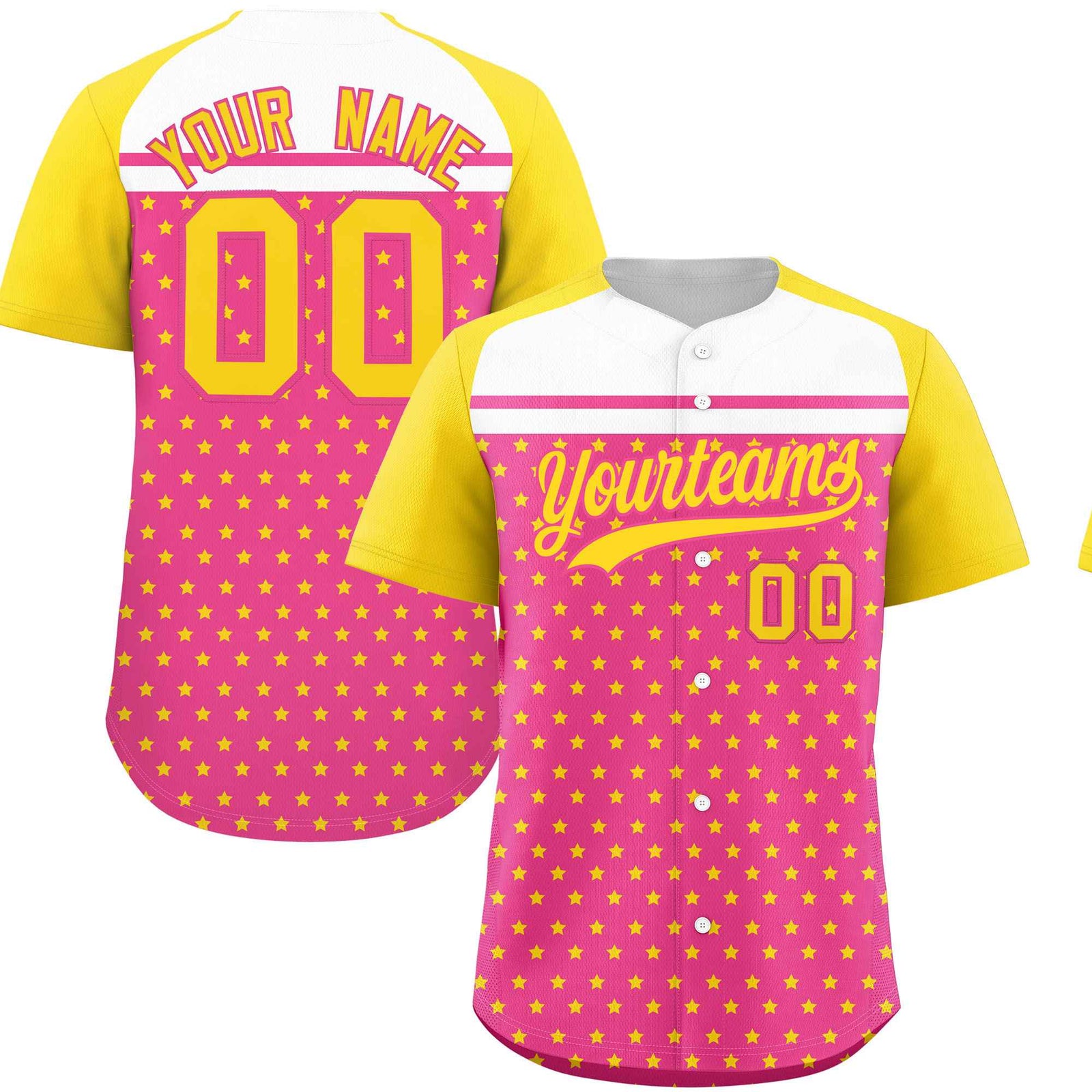 Custom Pink Gold-White Raglan Sleeve Personalized Star Print Authentic Baseball Jersey