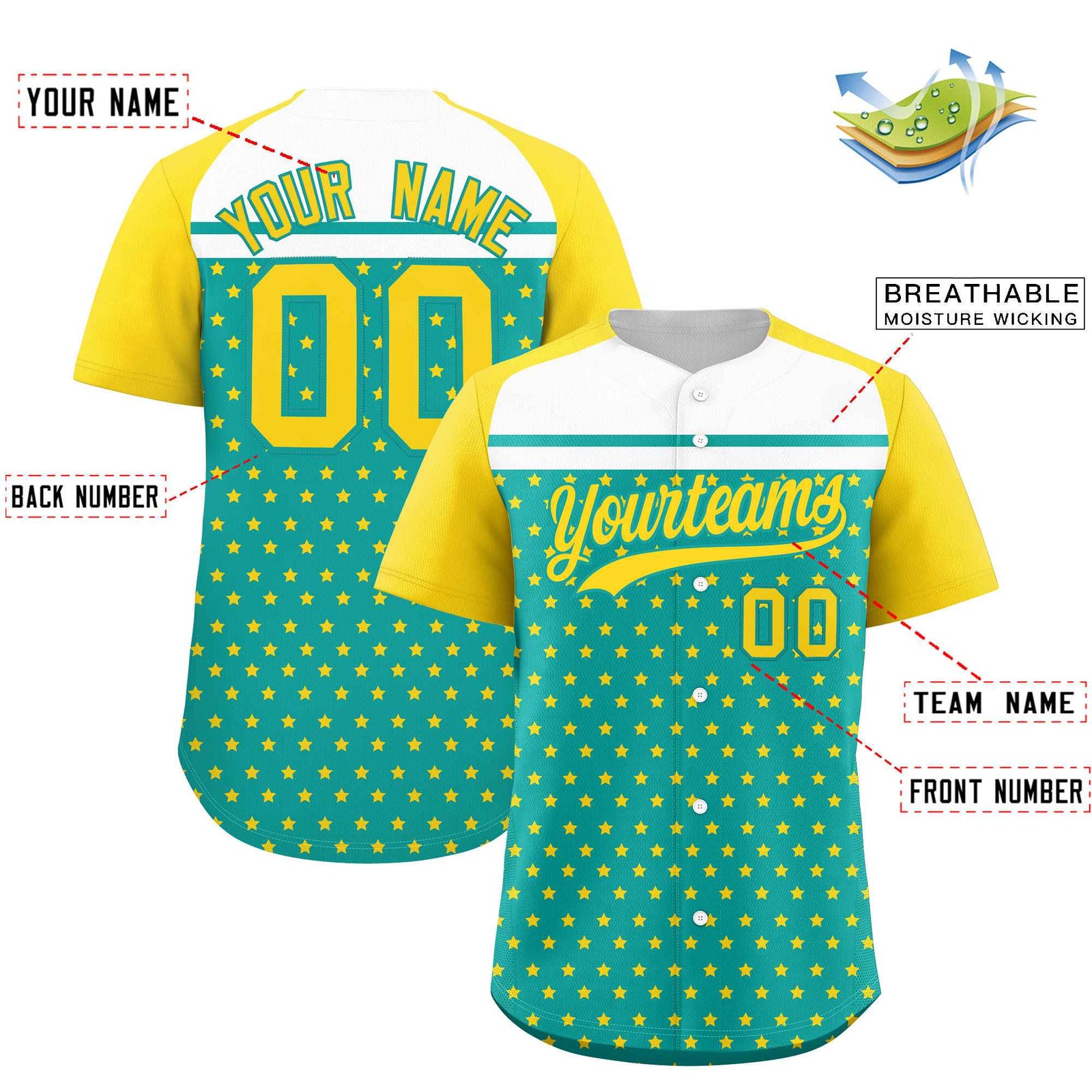 Custom Aqua Gold-White Raglan Sleeve Personalized Star Print Authentic Baseball Jersey