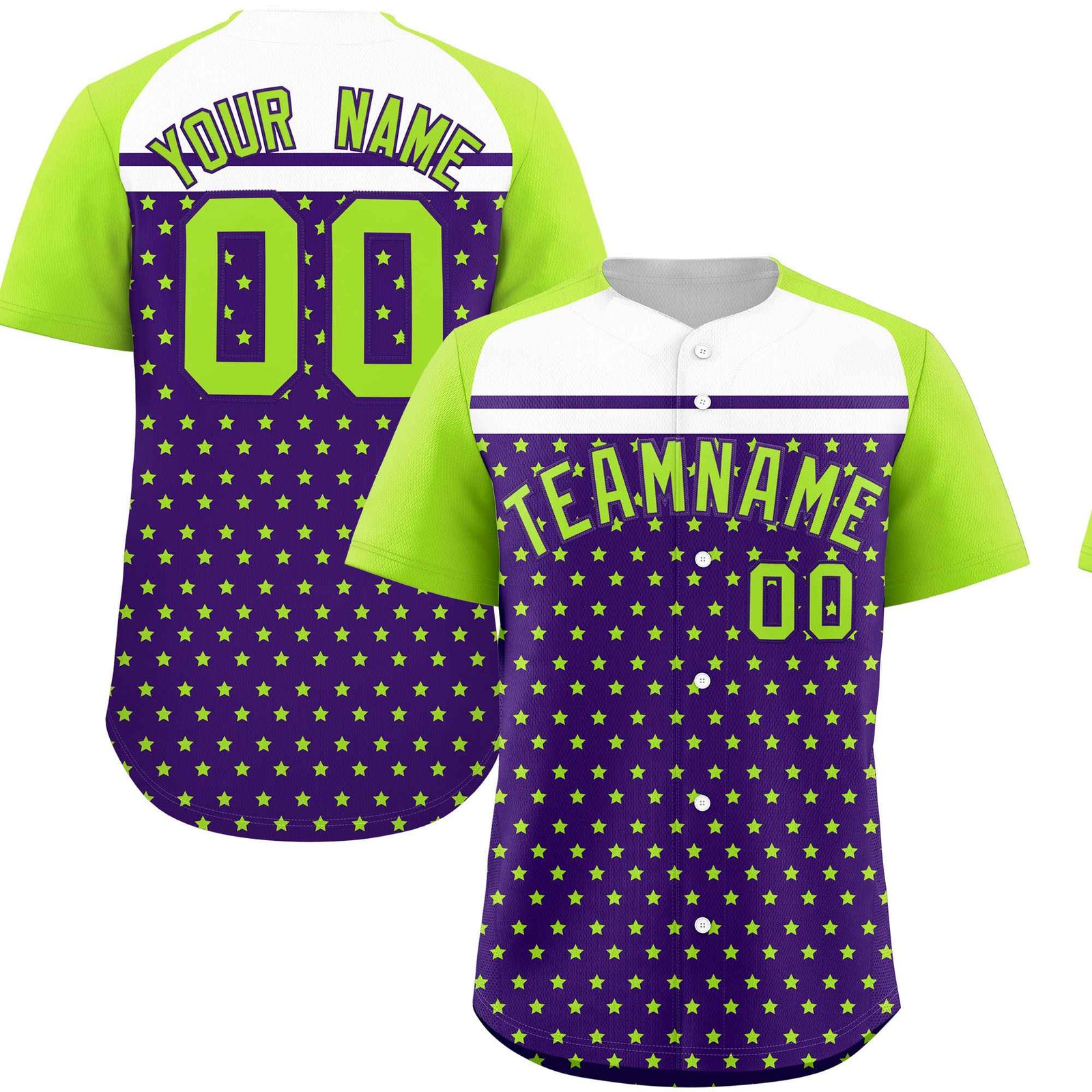Custom Purple Neon Green-White Raglan Sleeve Personalized Star Print Authentic Baseball Jersey