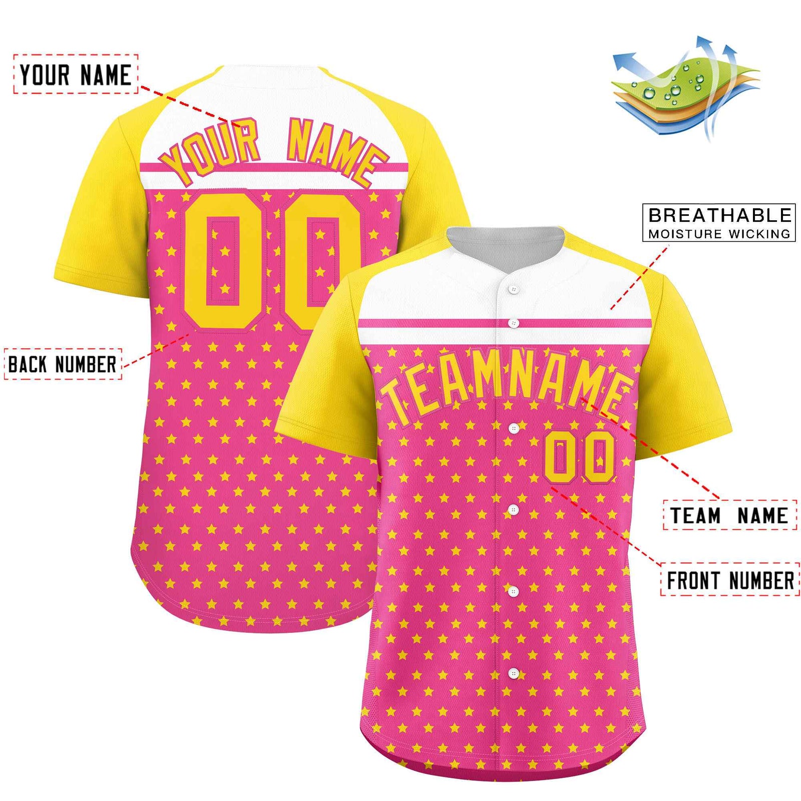 Custom Pink Gold-White Raglan Sleeve Personalized Star Print Authentic Baseball Jersey