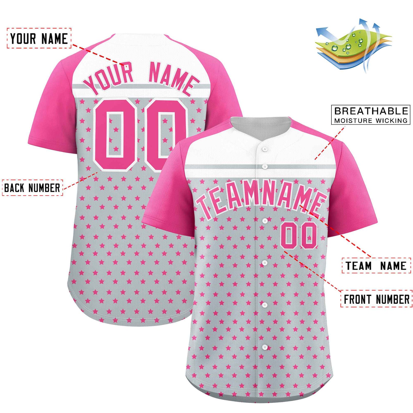 Custom Silver Pink-White Raglan Sleeve Personalized Star Print Authentic Baseball Jersey