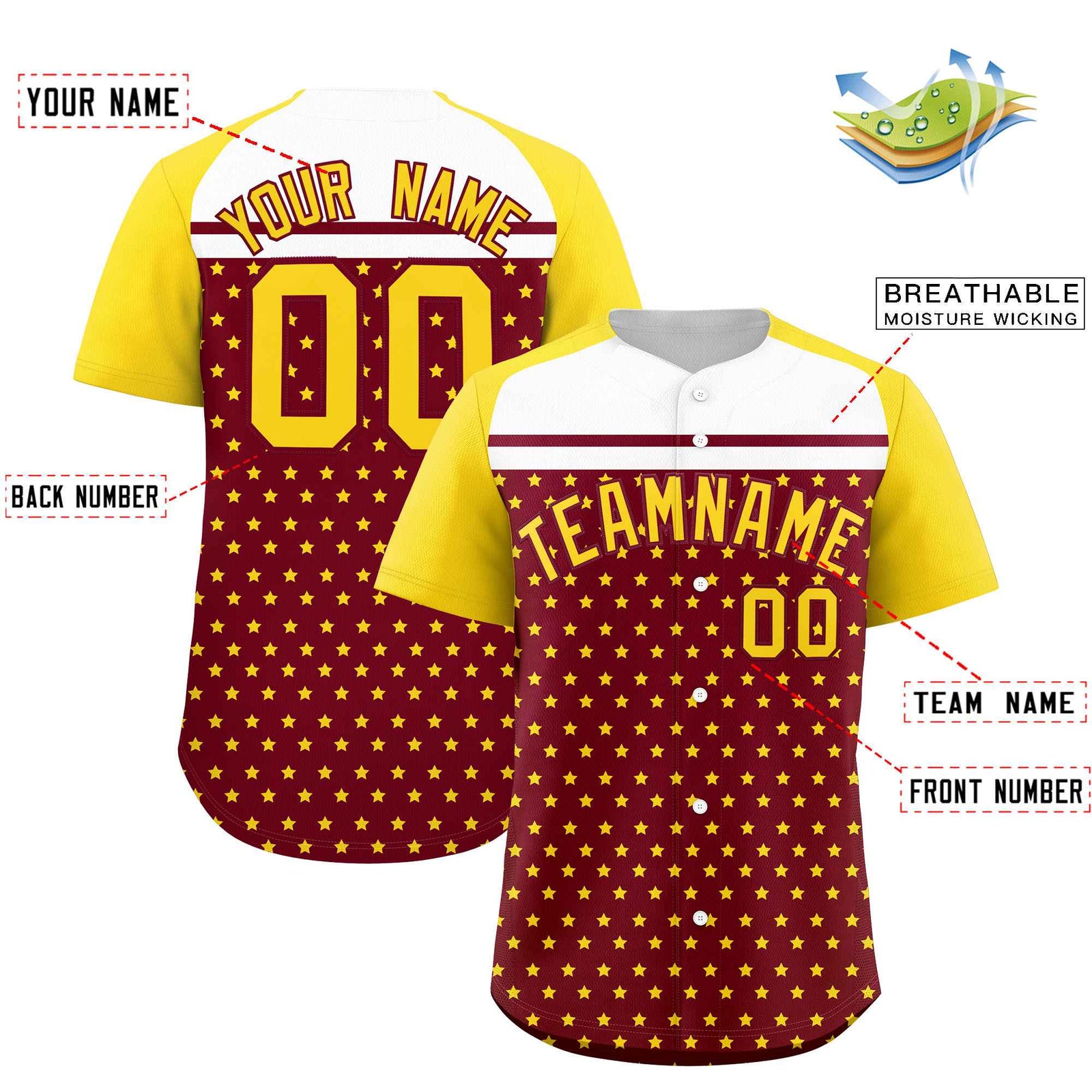 Custom Crimson Gold-White Raglan Sleeve Personalized Star Print Authentic Baseball Jersey