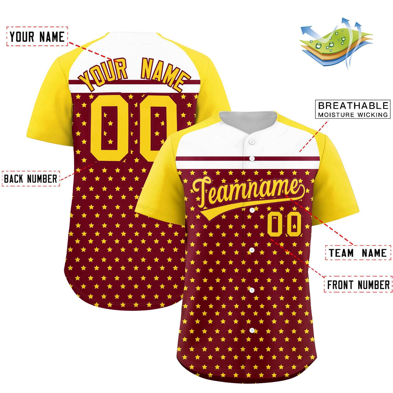 Custom Crimson Gold-White Raglan Sleeve Personalized Star Print Authentic Baseball Jersey