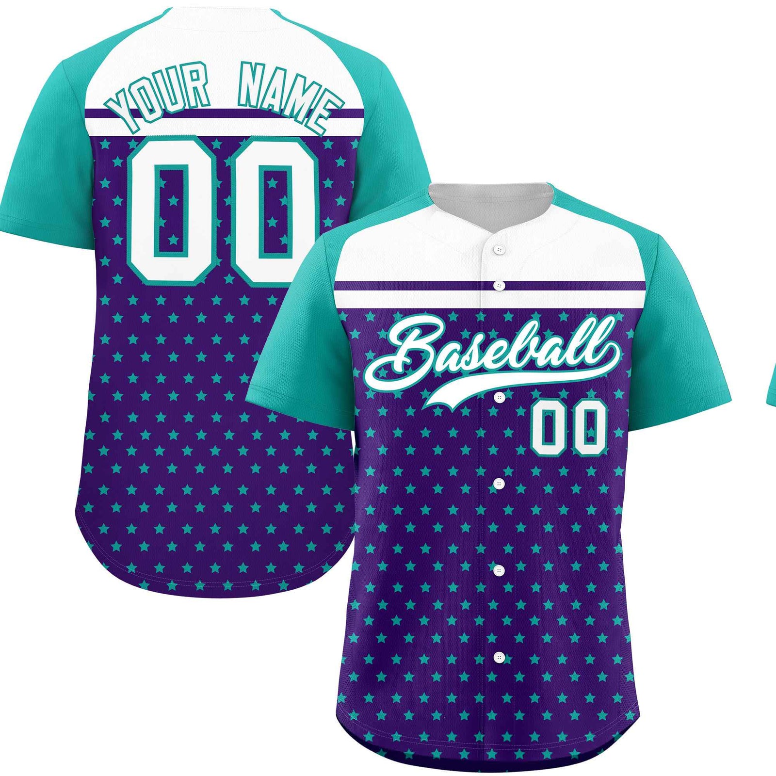 Custom Purple Aqua-White Raglan Sleeve Personalized Star Print Authentic Baseball Jersey