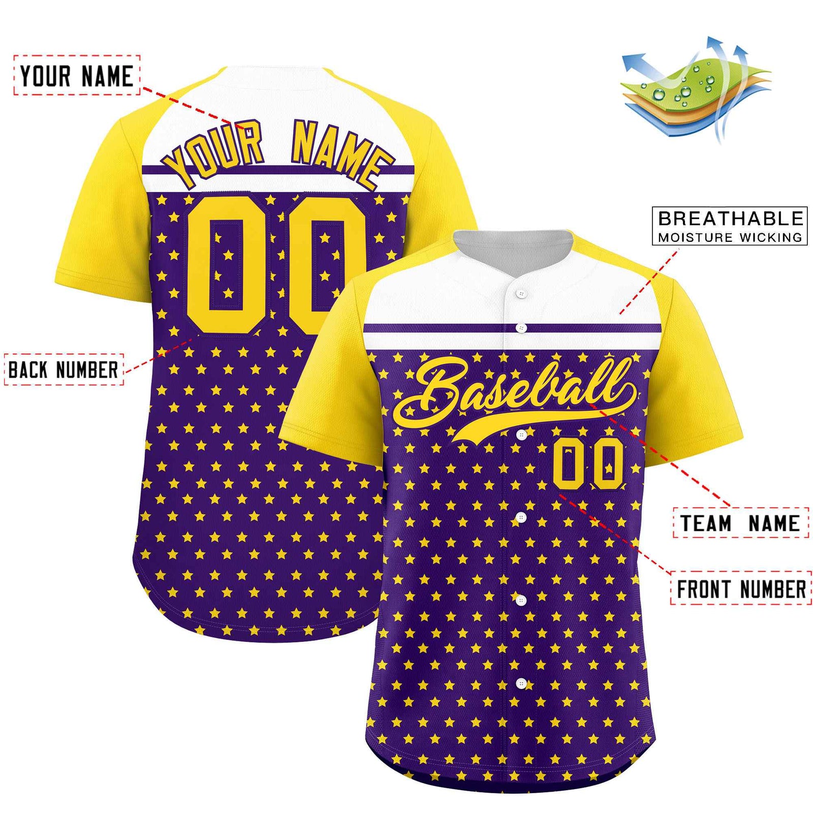 Custom Purple Gold-White Raglan Sleeve Personalized Star Print Authentic Baseball Jersey