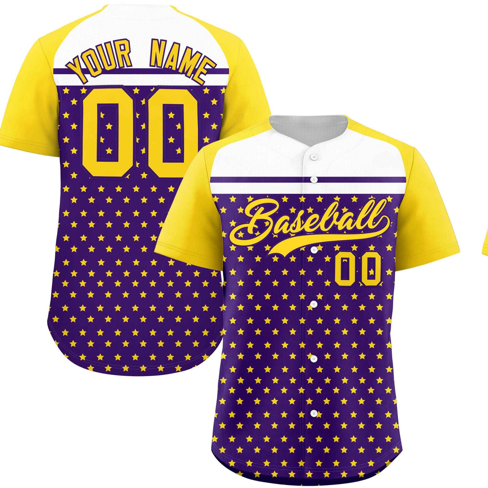 Custom Purple Gold-White Raglan Sleeve Personalized Star Print Authentic Baseball Jersey