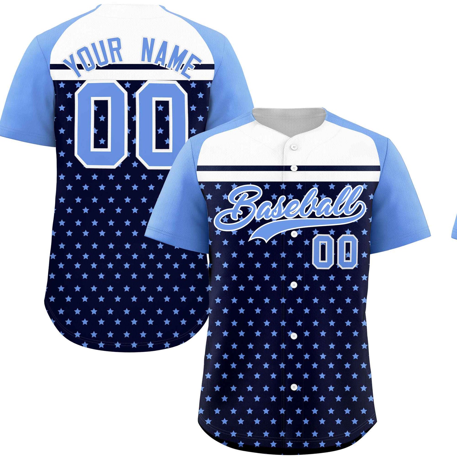 Custom Navy Light Blue-White Raglan Sleeve Personalized Star Print Authentic Baseball Jersey