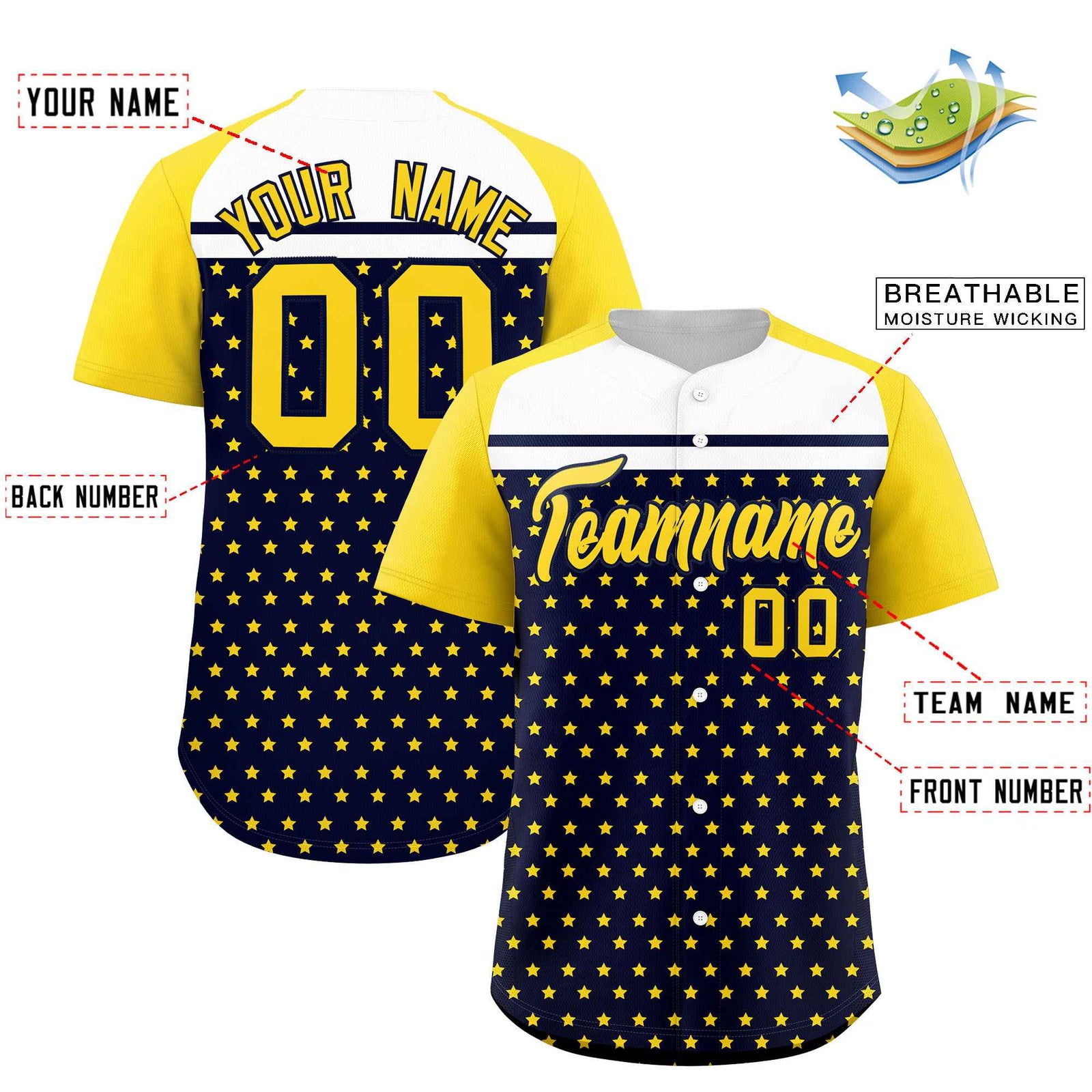 Custom Navy Gold-White Raglan Sleeve Personalized Star Print Authentic Baseball Jersey