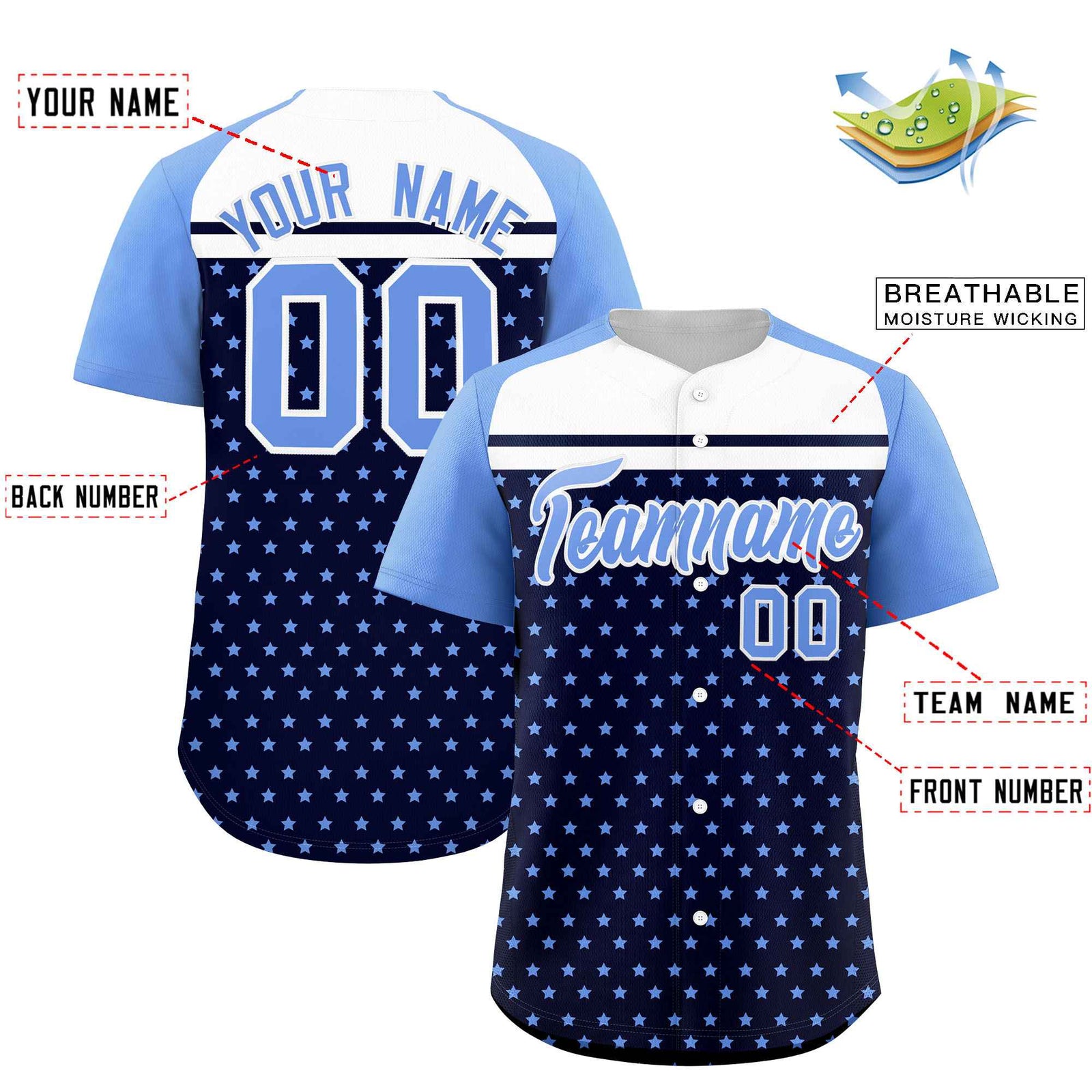 Custom Navy Light Blue-White Raglan Sleeve Personalized Star Print Authentic Baseball Jersey