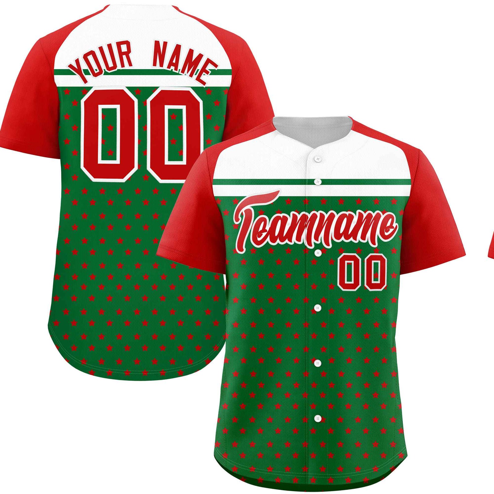 Custom Kelly Green Red-White Raglan Sleeve Personalized Star Print Authentic Baseball Jersey