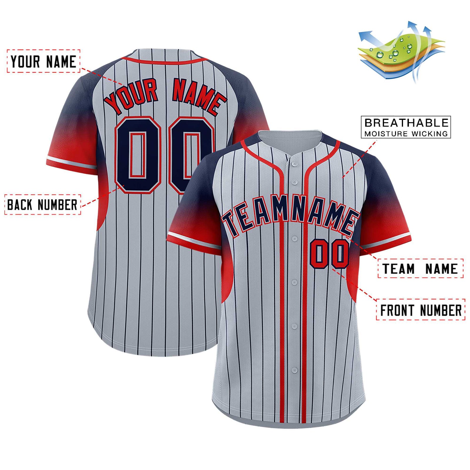 Custom Silver Navy Stripe Fashion Sleeves Gradient Authentic Baseball Jersey