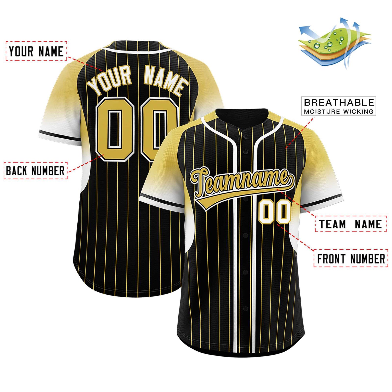 Custom Black Old Gold Stripe Fashion Sleeves Gradient Authentic Baseball Jersey