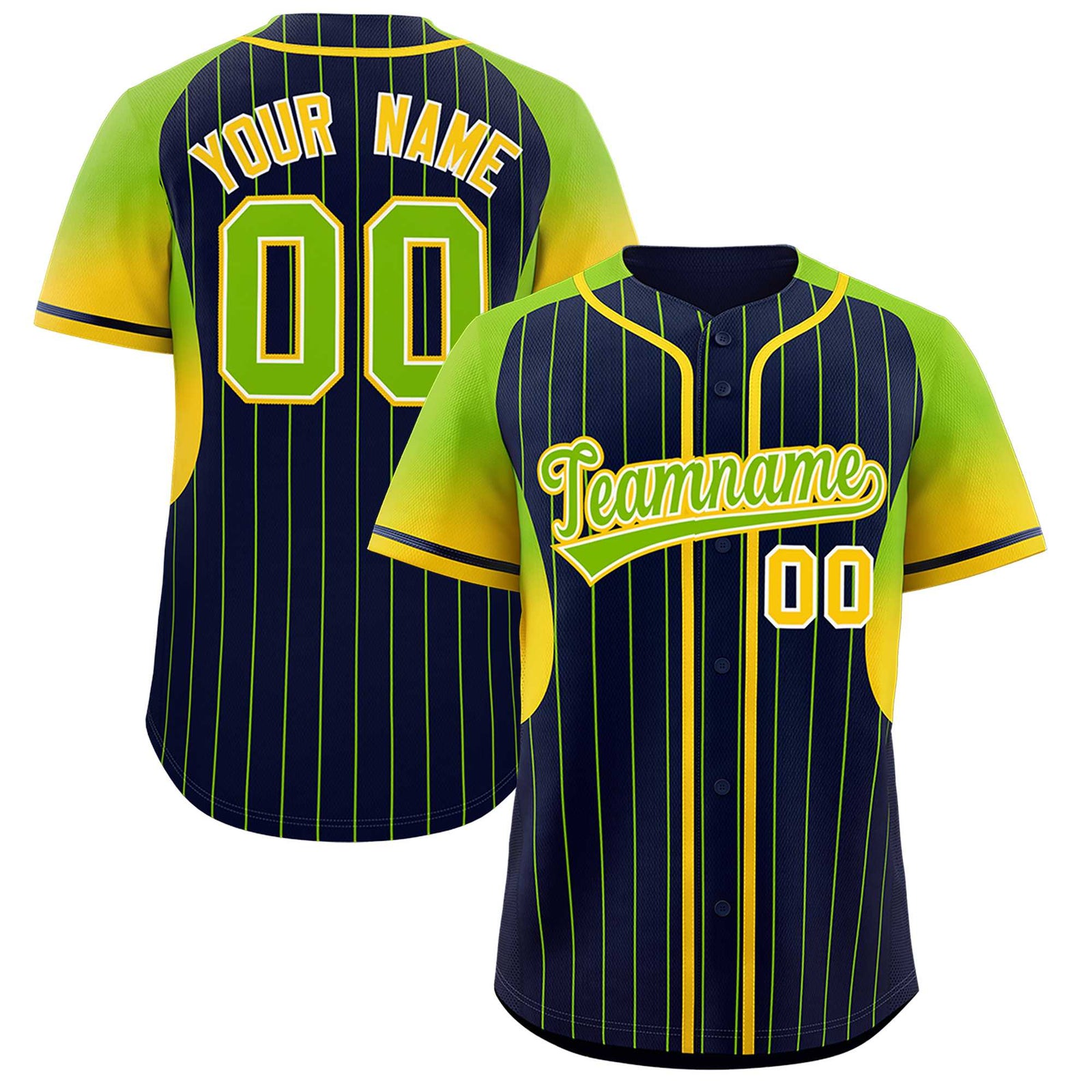 Custom Navy Neon Green Stripe Fashion Sleeves Gradient Authentic Baseball Jersey